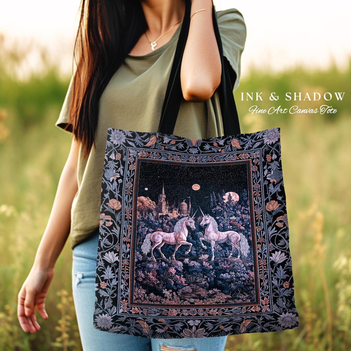 Moody Moonlit Unicorn Woven Tote | Elegant Medieval Florals Lavender Purple Whimsical Folklore Woven Tapestry Bag Fairytale Witchy Style |