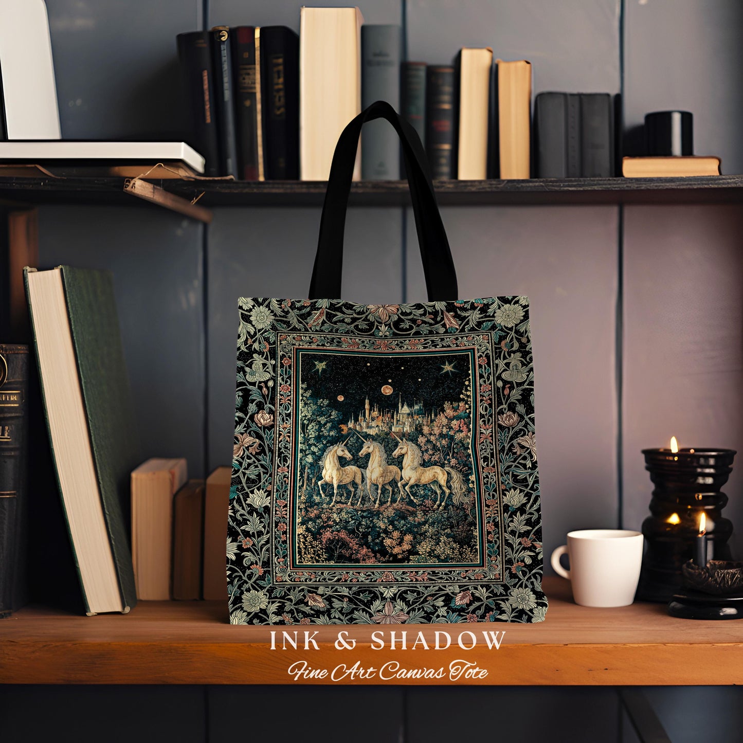 Mystic Academia Unicorn Tapestry Tote | Dark Victorian Gothic Floral Landscape Magical Elegance Woven Everyday Bag Storybook Fairytale Art |