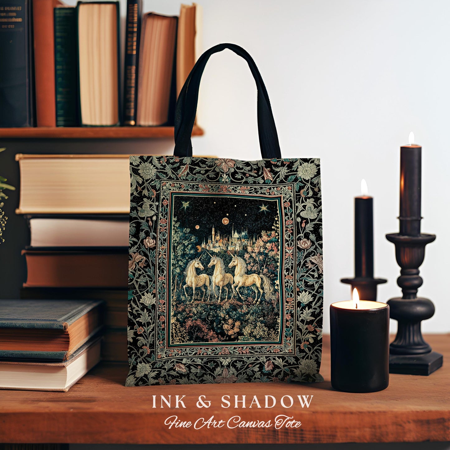 Mystic Academia Unicorn Tapestry Tote | Dark Victorian Gothic Floral Landscape Magical Elegance Woven Everyday Bag Storybook Fairytale Art |