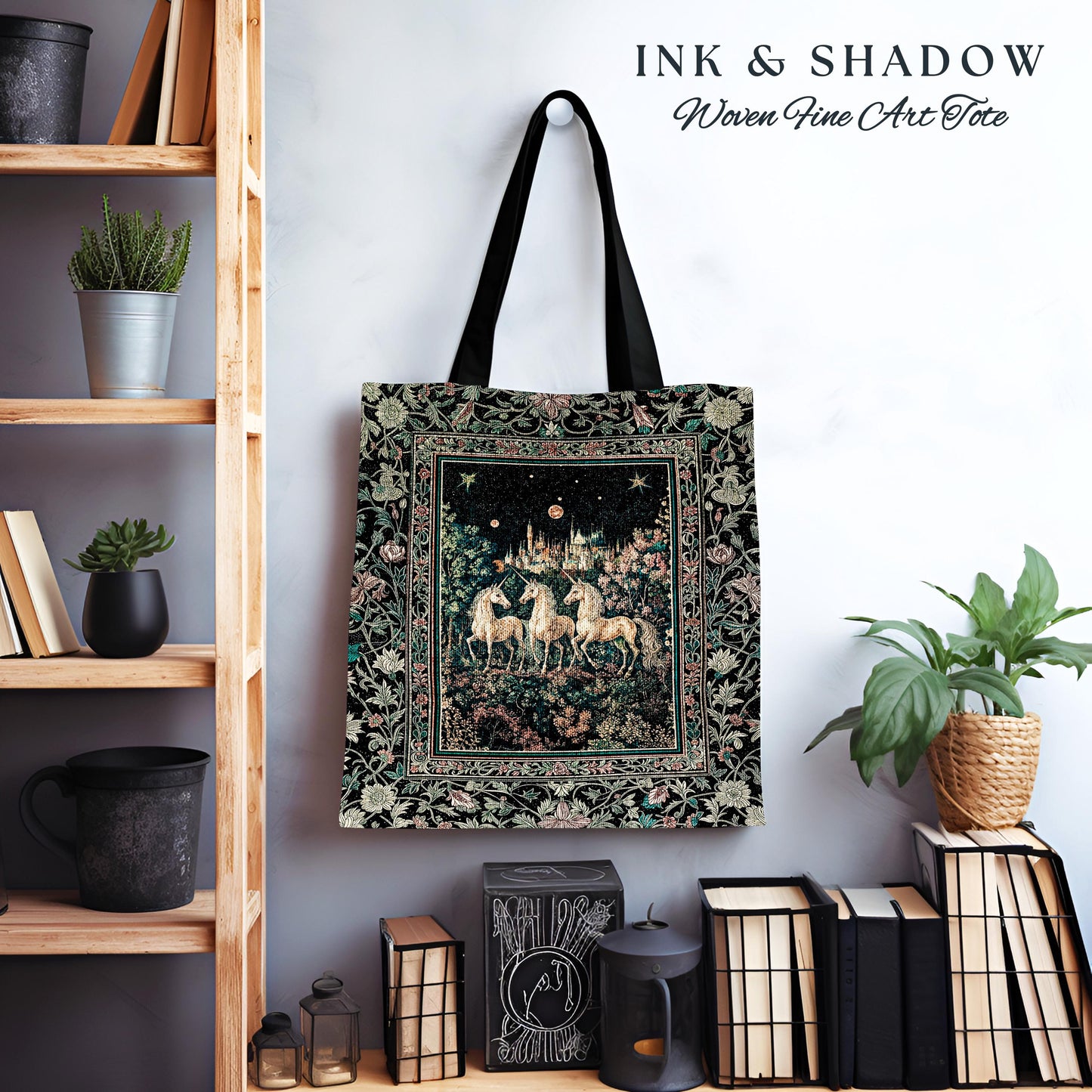 Mystic Academia Unicorn Tapestry Tote | Dark Victorian Gothic Floral Landscape Magical Elegance Woven Everyday Bag Storybook Fairytale Art |