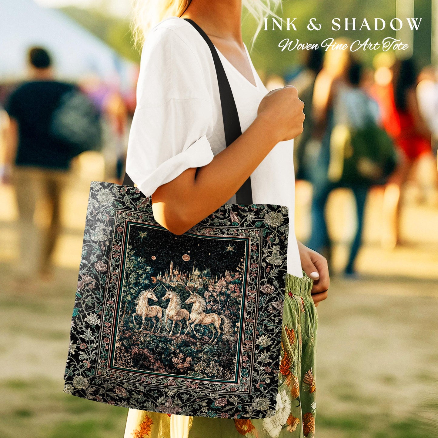 Mystic Academia Unicorn Tapestry Tote | Dark Victorian Gothic Floral Landscape Magical Elegance Woven Everyday Bag Storybook Fairytale Art |