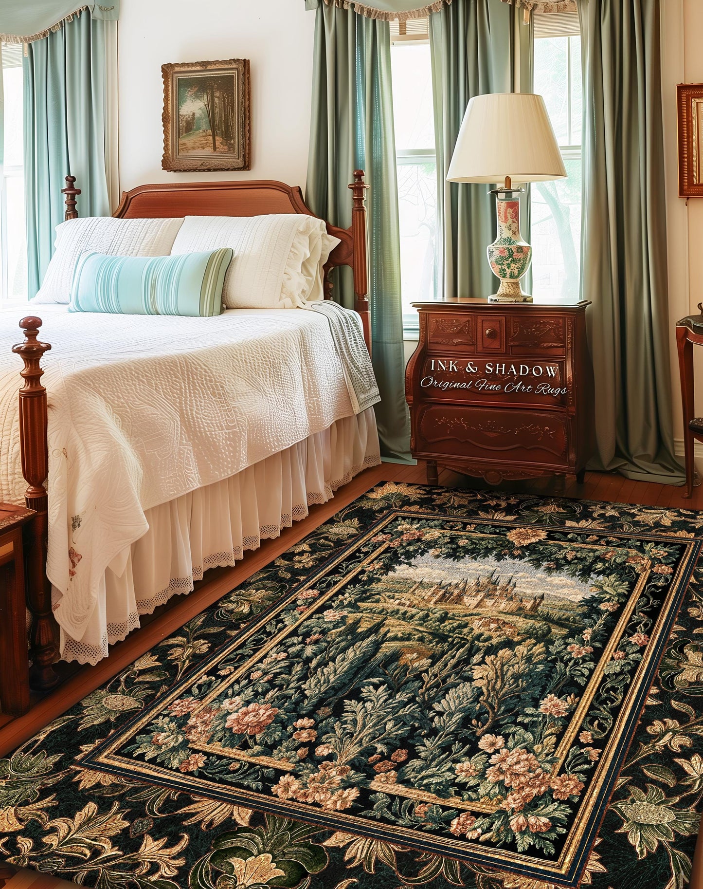 Rustic Floral Landscape Coquette Maximalist Castle Rug Dark Academia Victorian Royal Decor | Fantasy Princess Medieval Home Woodland Accent