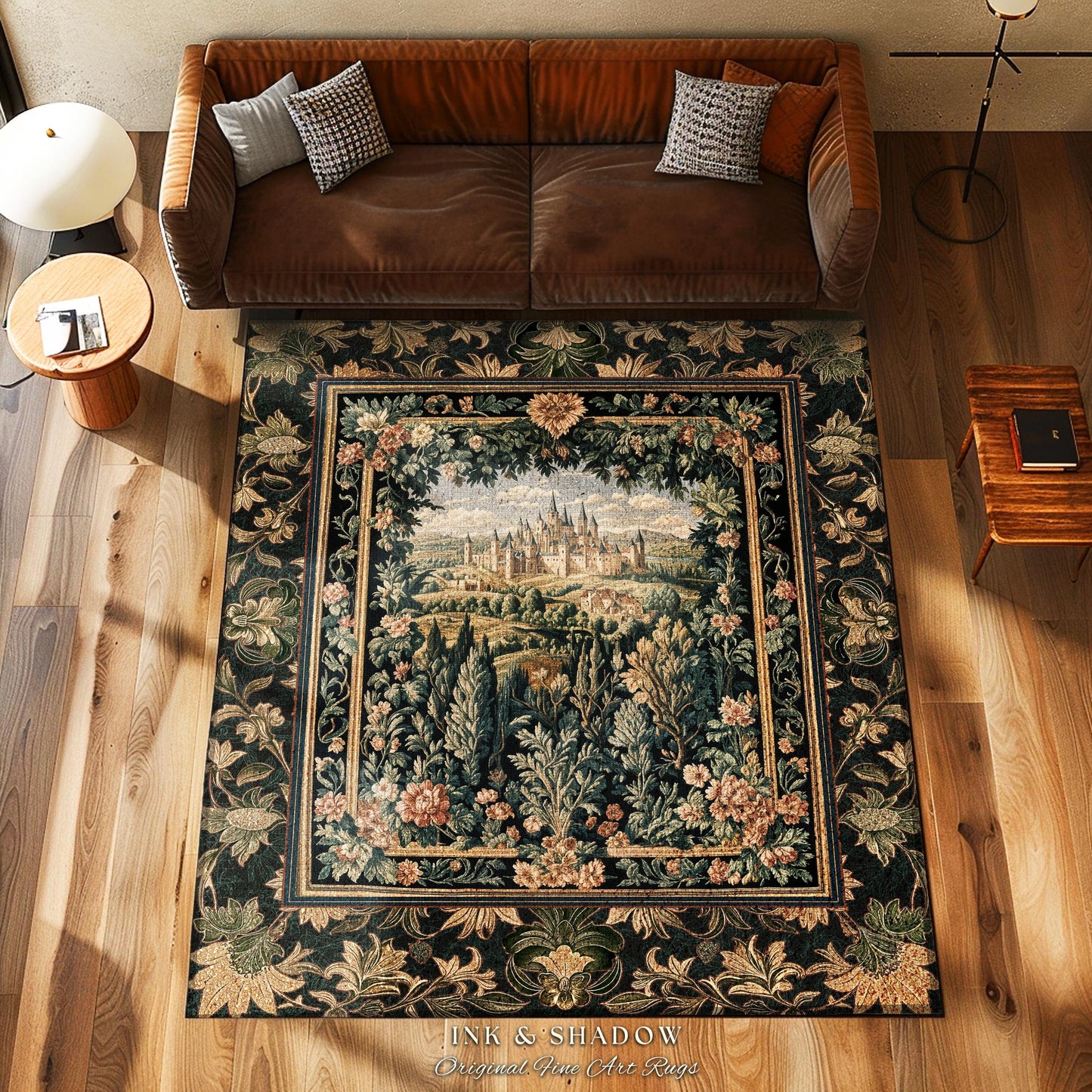 Rustic Floral Landscape Coquette Maximalist Castle Rug Dark Academia Victorian Royal Decor | Fantasy Princess Medieval Home Woodland Accent