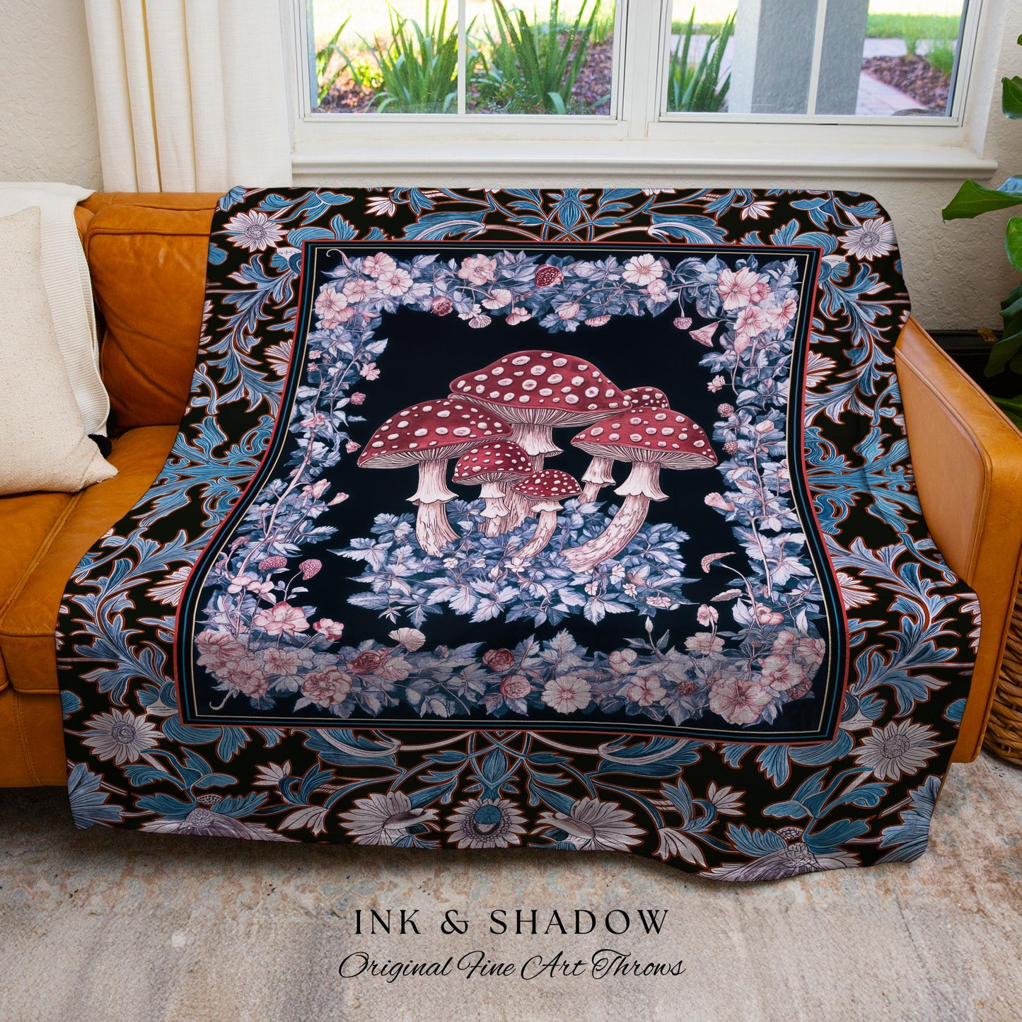 Foraging Fungi Mushroom Throw | Whimsical Eclectic Woven Blanket for Fairy Aesthetic Bedroom Whimsigoth Decor Fairycore Toadstool Witchy |