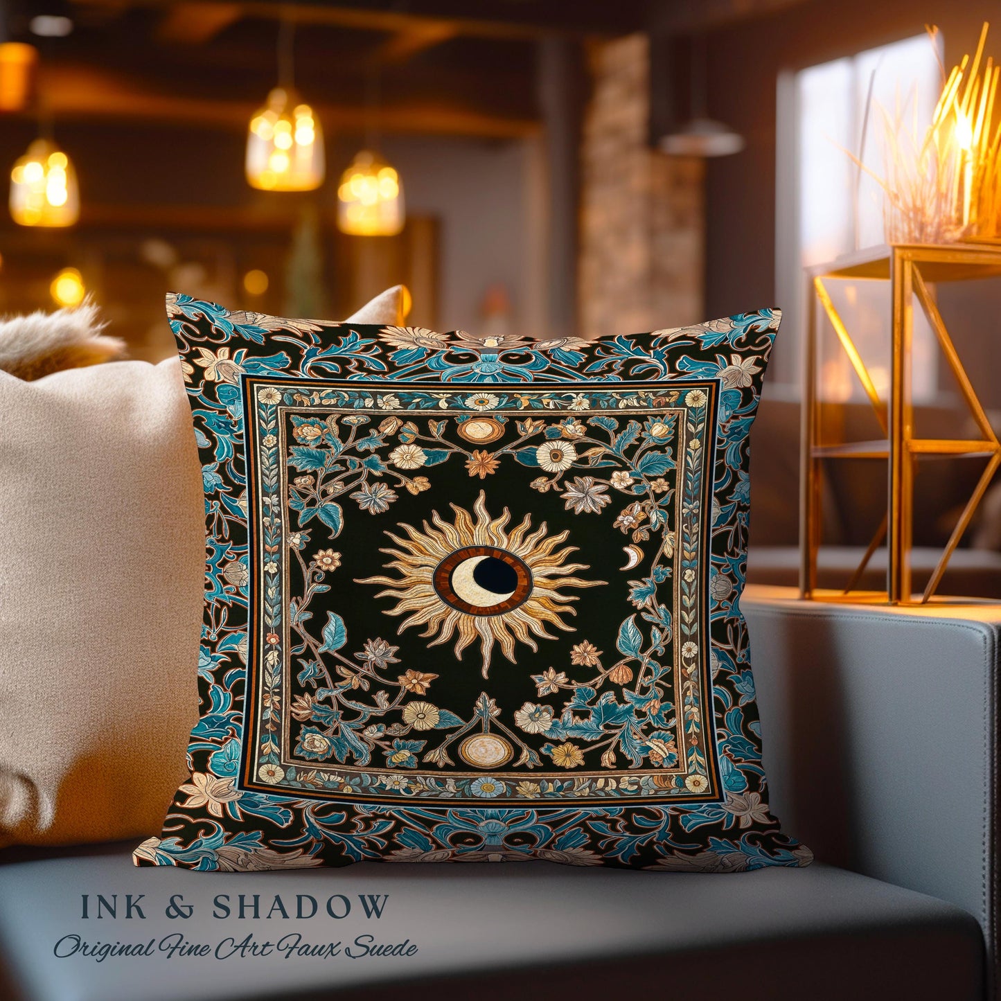 Mystic Moon Dark Academia Pillow | Celestial Tarot Inspired Gothic Maximalist Bedroom Woven Tapestry Cushion Whimsical Astrology Ethereal |