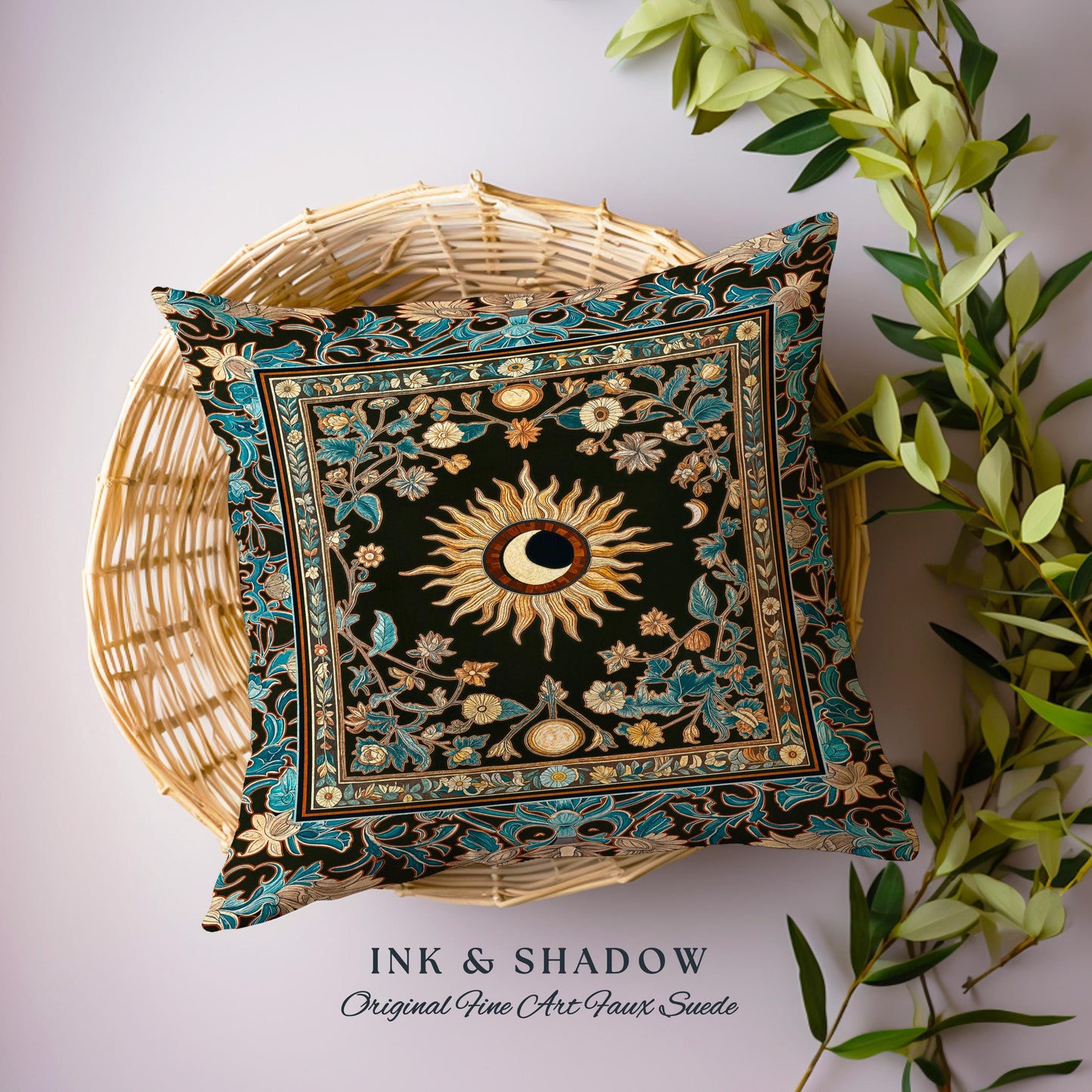 Mystic Moon Dark Academia Pillow | Celestial Tarot Inspired Gothic Maximalist Bedroom Woven Tapestry Cushion Whimsical Astrology Ethereal |