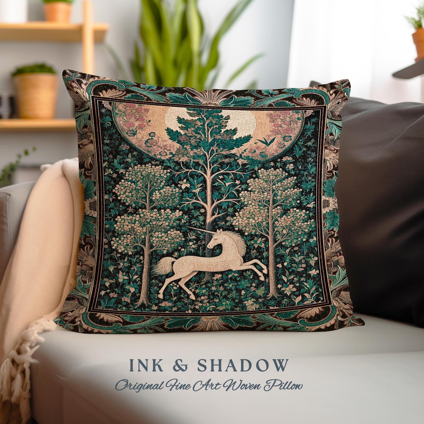 Moonlit Forest Mystical Unicorn Tapestry Pillow Medieval Fairycore Decor | Renaissance Whimsical Gothic Aesthetic Woven Cushion Forestcore |