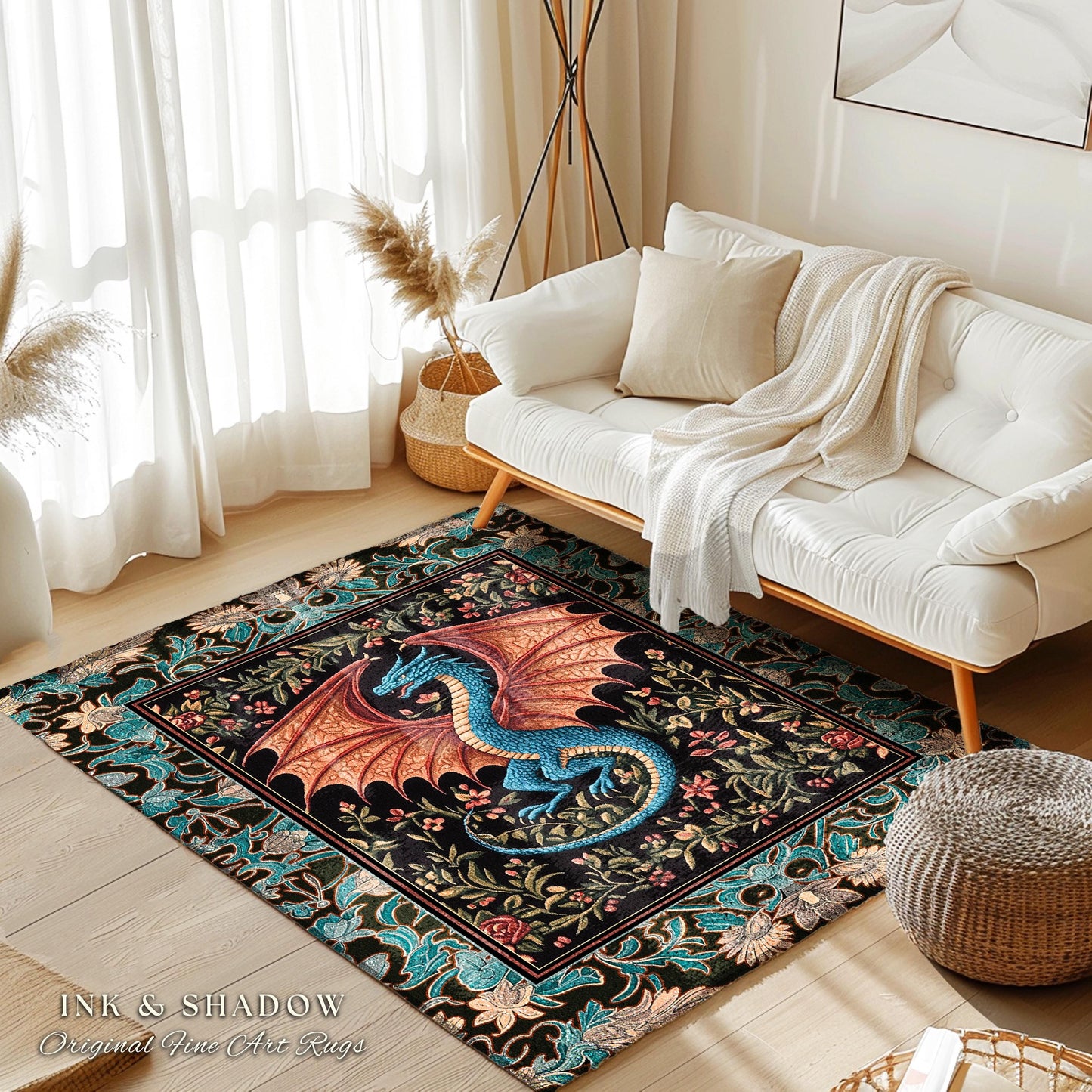 Medieval Florals Mystic Dragon Rug | Magical Beasts Middle Ages Storybook Theme Mythical Woodland Whimsy Fairycore Bedroom Baroque Fantasy