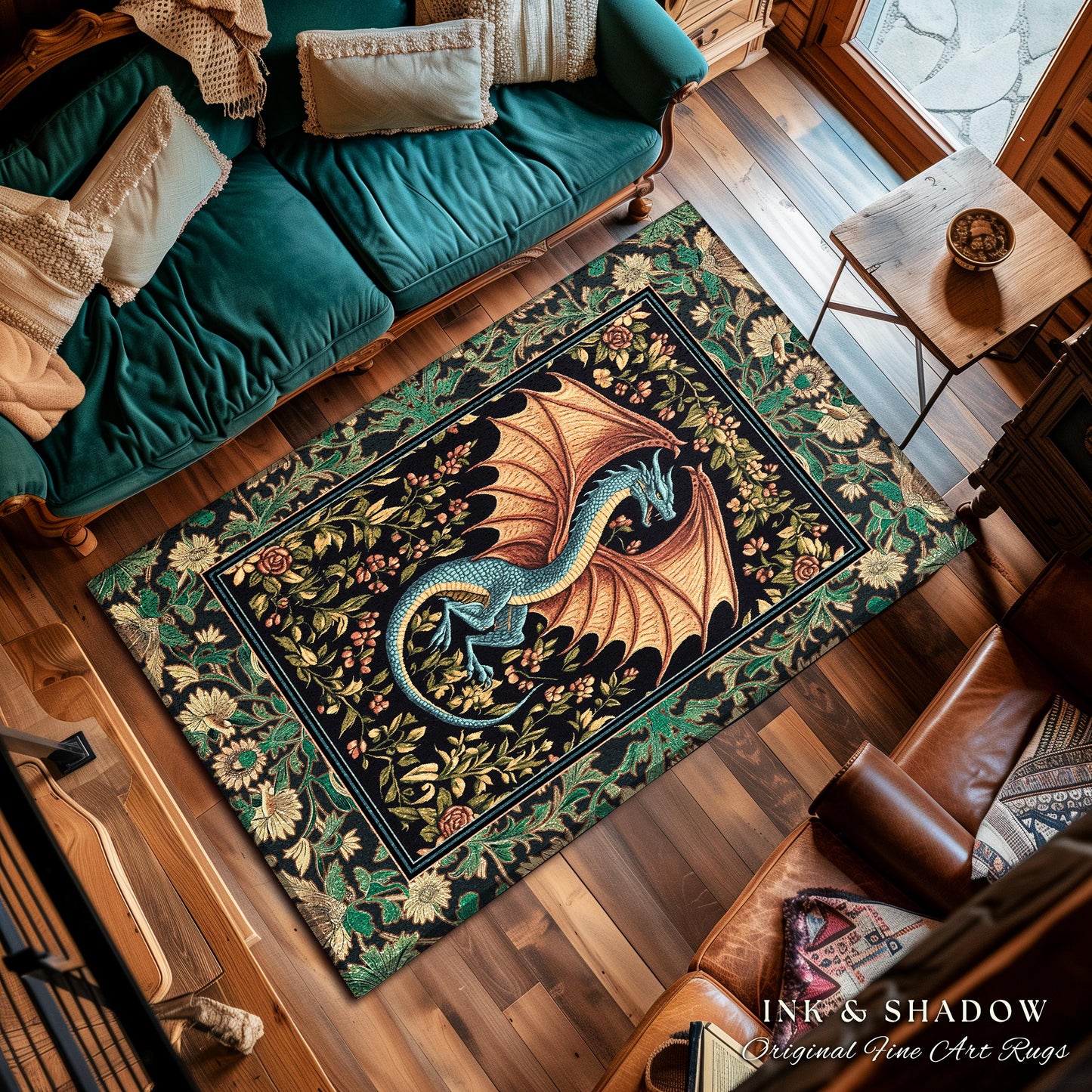 Fairycore Dragon Elegant Area Rug | Castlecore Fantasy Aesthetic Bedroom Middle Ages Medieval Storybook Home Decor Mythical Woodland Whimsy