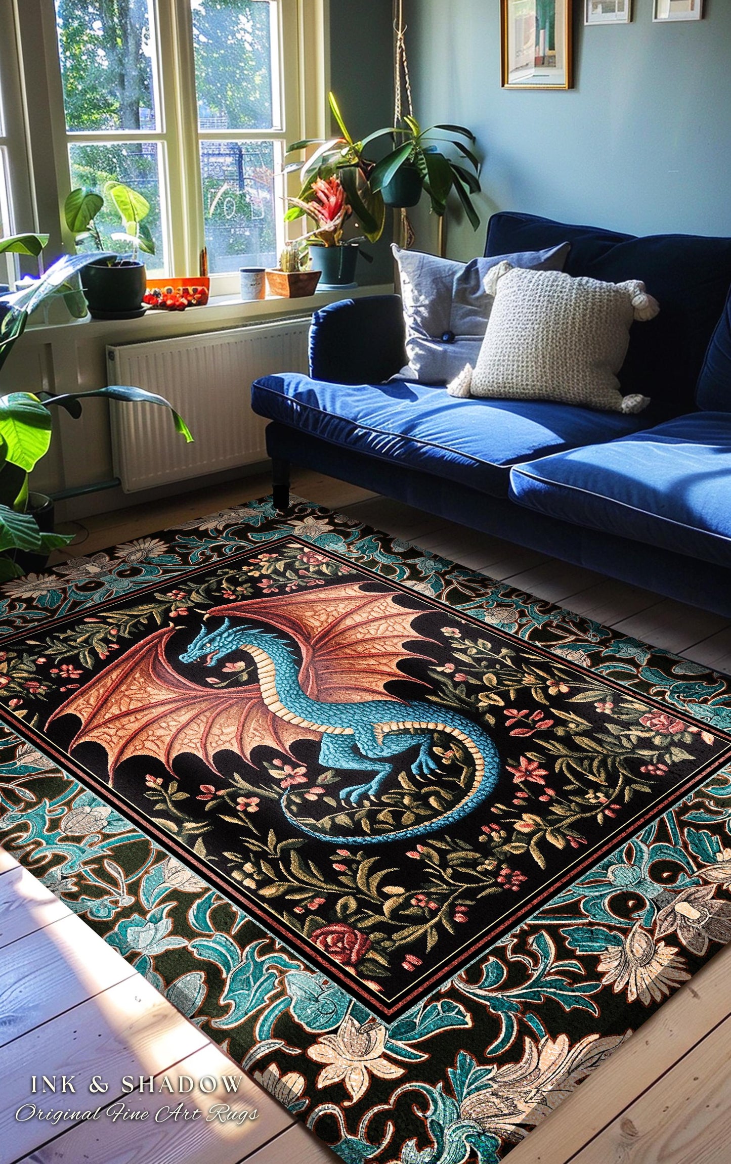 Medieval Florals Mystic Dragon Rug | Magical Beasts Middle Ages Storybook Theme Mythical Woodland Whimsy Fairycore Bedroom Baroque Fantasy