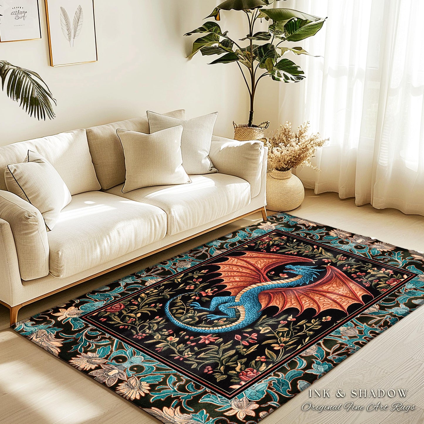 Medieval Florals Mystic Dragon Rug | Magical Beasts Middle Ages Storybook Theme Mythical Woodland Whimsy Fairycore Bedroom Baroque Fantasy