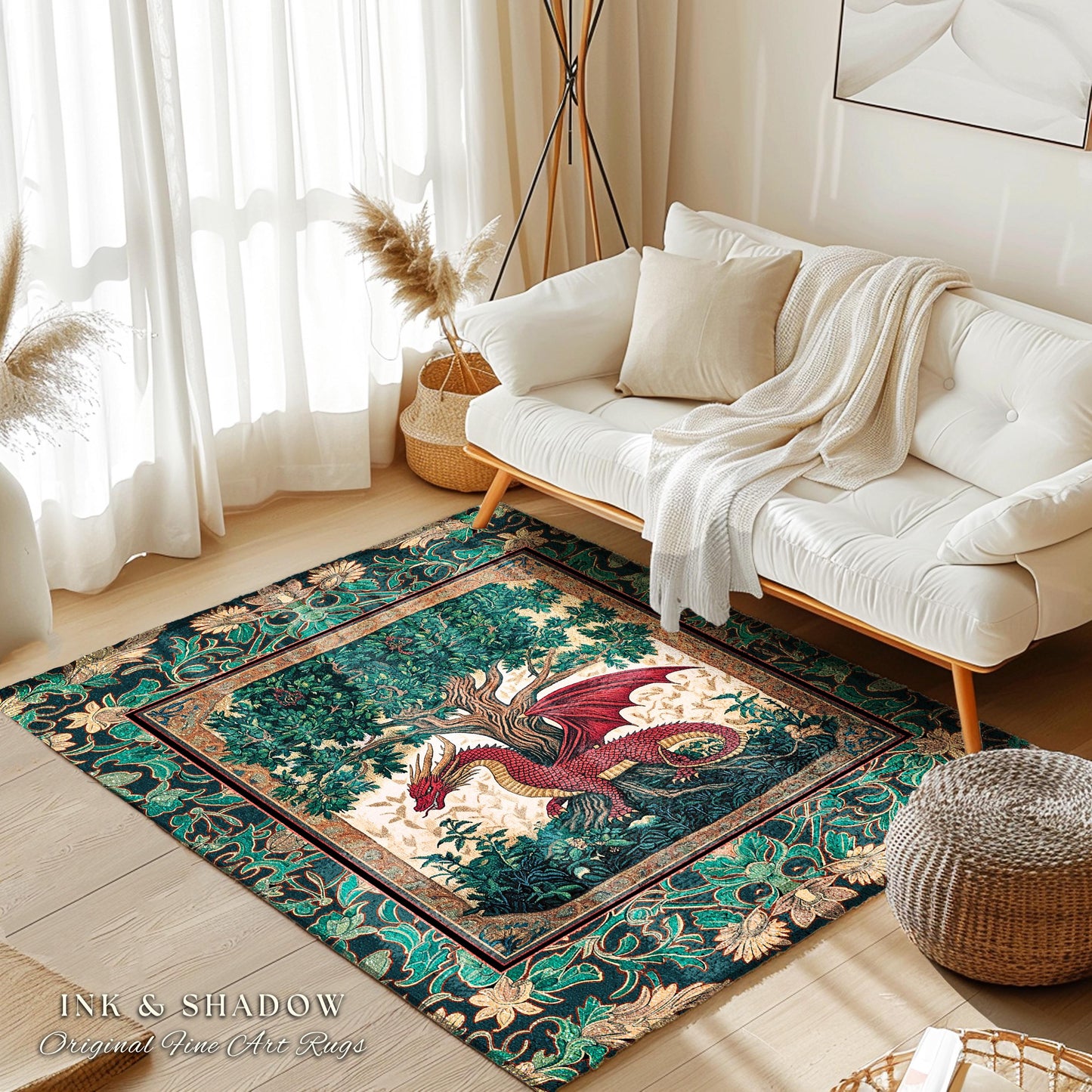 Knight Aesthetic Dragon Accent Rug | Woodland Whimsical Storybook Fairytale Area Rug Botanical Victorian Middle Ages Enchanted Home Decor |