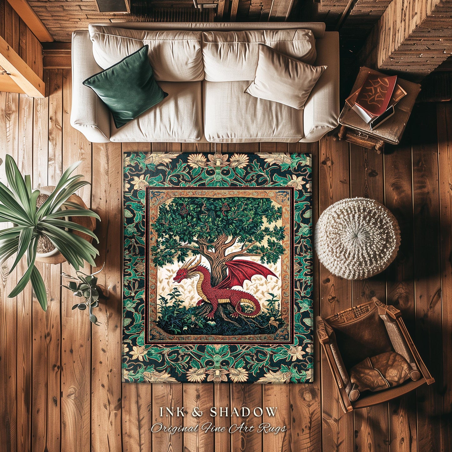 Knight Aesthetic Dragon Accent Rug | Woodland Whimsical Storybook Fairytale Area Rug Botanical Victorian Middle Ages Enchanted Home Decor |