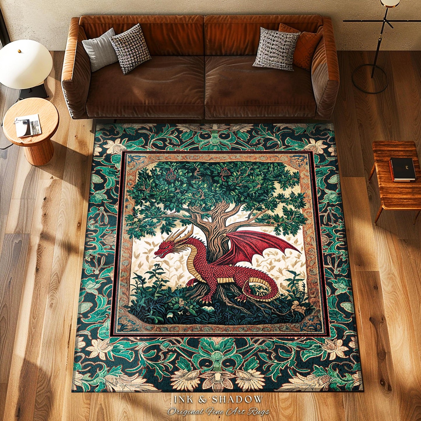 Knight Aesthetic Dragon Accent Rug | Woodland Whimsical Storybook Fairytale Area Rug Botanical Victorian Middle Ages Enchanted Home Decor |