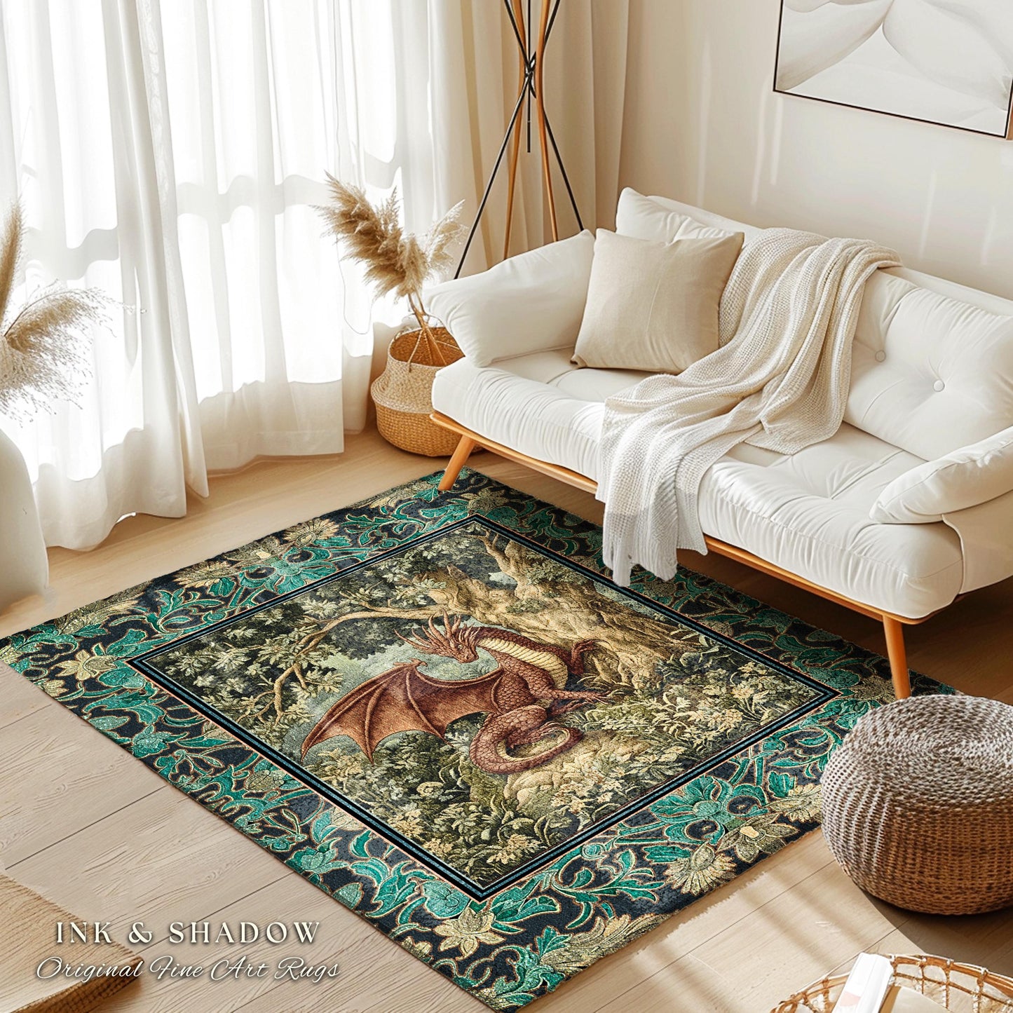 Moody Mythological Dragon Floor Rug | Whimsical Bedroom Dark Medieval Dragon Area Rug Enchanted Gloomy Ethereal Goblincore Style Bedroom |