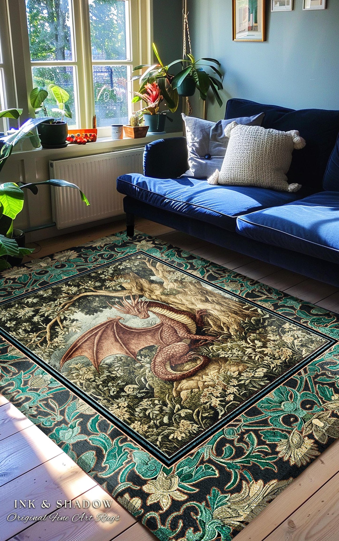 Moody Mythological Dragon Floor Rug | Whimsical Bedroom Dark Medieval Dragon Area Rug Enchanted Gloomy Ethereal Goblincore Style Bedroom |