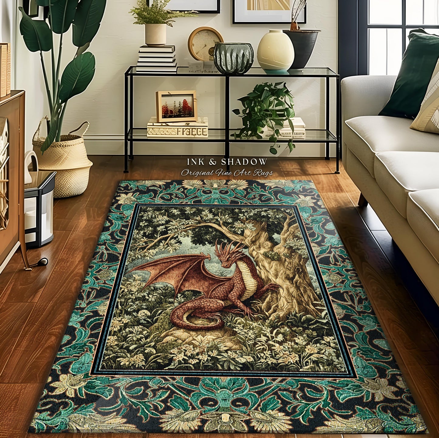 Moody Mythological Dragon Floor Rug | Whimsical Bedroom Dark Medieval Dragon Area Rug Enchanted Gloomy Ethereal Goblincore Style Bedroom |