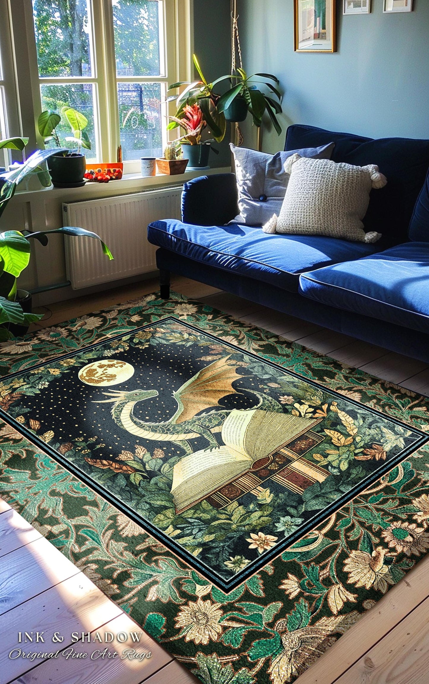 Medieval Library Cozy Reading Rug | Dragon Aesthetic Whimsigothic Dark Academia Decor for Book Nook Crowcore Fairytale Bedroom Rug Victorian