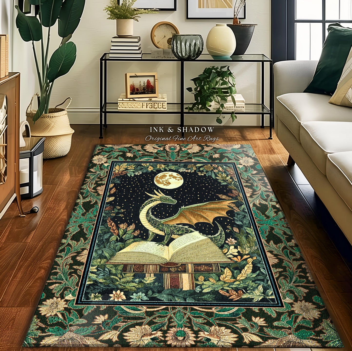 Medieval Library Cozy Reading Rug | Dragon Aesthetic Whimsigothic Dark Academia Decor for Book Nook Crowcore Fairytale Bedroom Rug Victorian