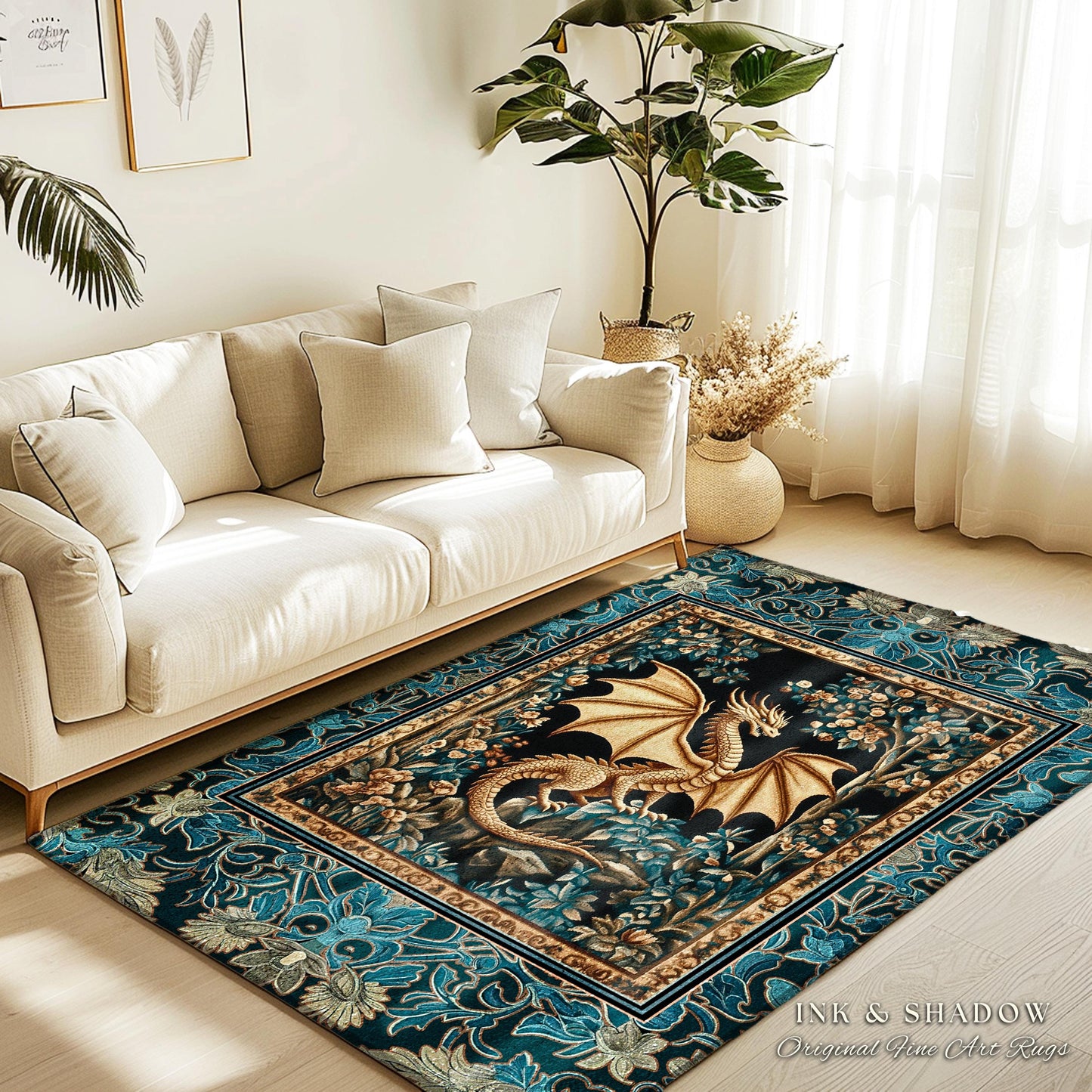 Magical Dragon Dark Floral Accent Rug | Mystical Witchy Bedroom Ornate Fantasy Aesthetic Floral Area Rug Mythical Creatures Vintage Whimsy