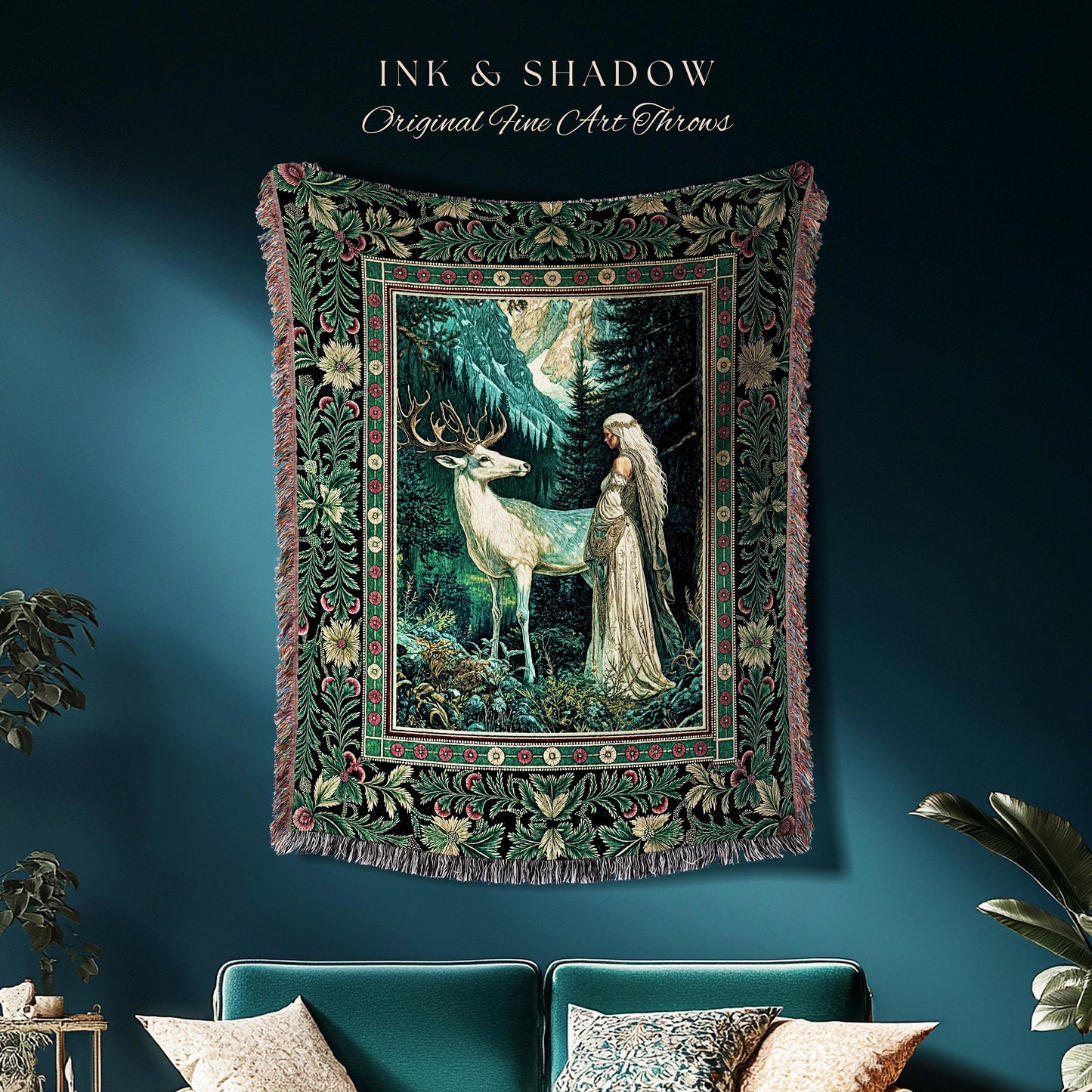 Magic Forest Princess Woven Throw Blanket | Fairytale Fantasy Renaissance Dark Academia Forest Spirit Ethereal Woodland Folklore Tapestry