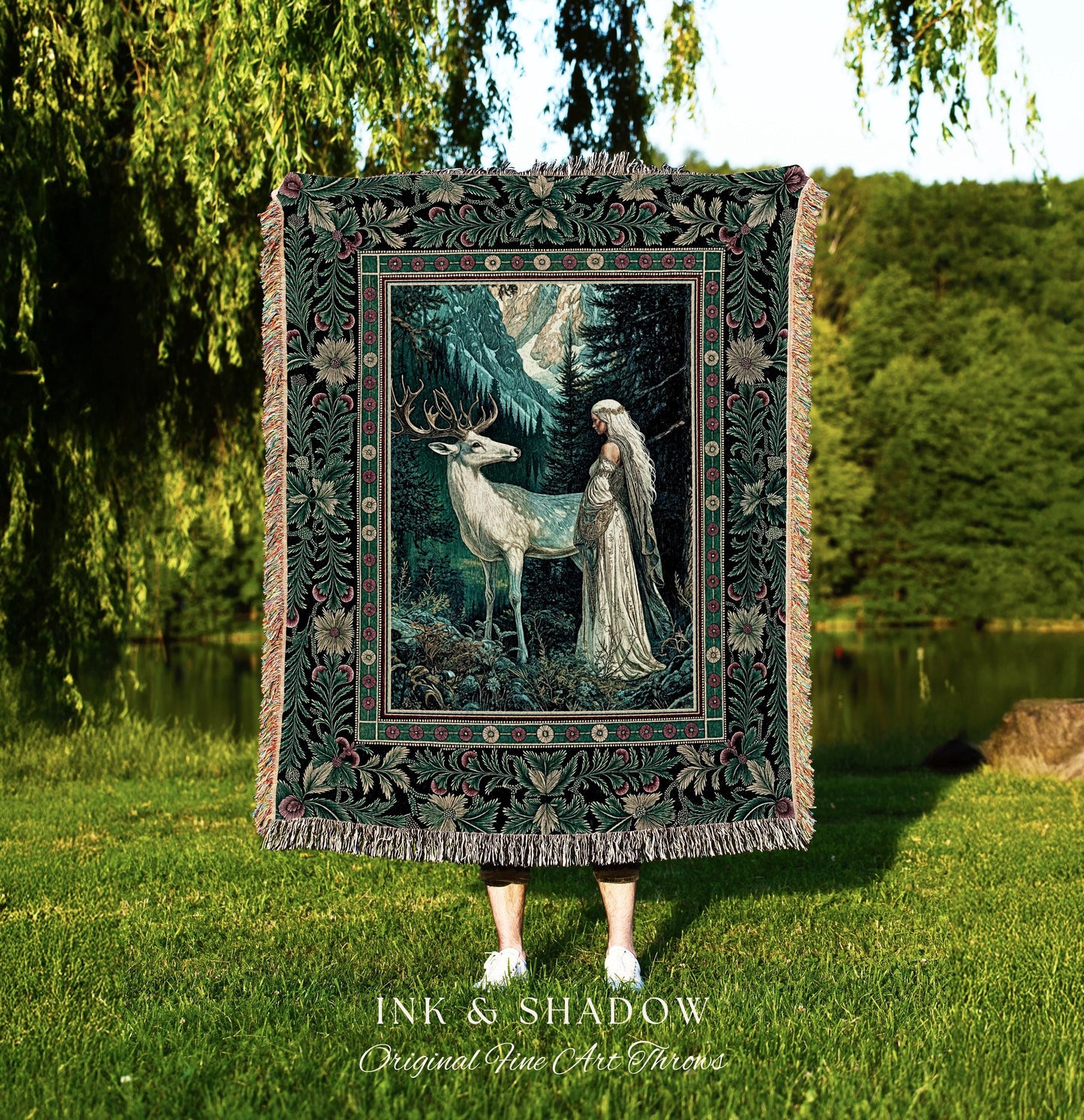 Magic Forest Princess Woven Throw Blanket | Fairytale Fantasy Renaissance Dark Academia Forest Spirit Ethereal Woodland Folklore Tapestry