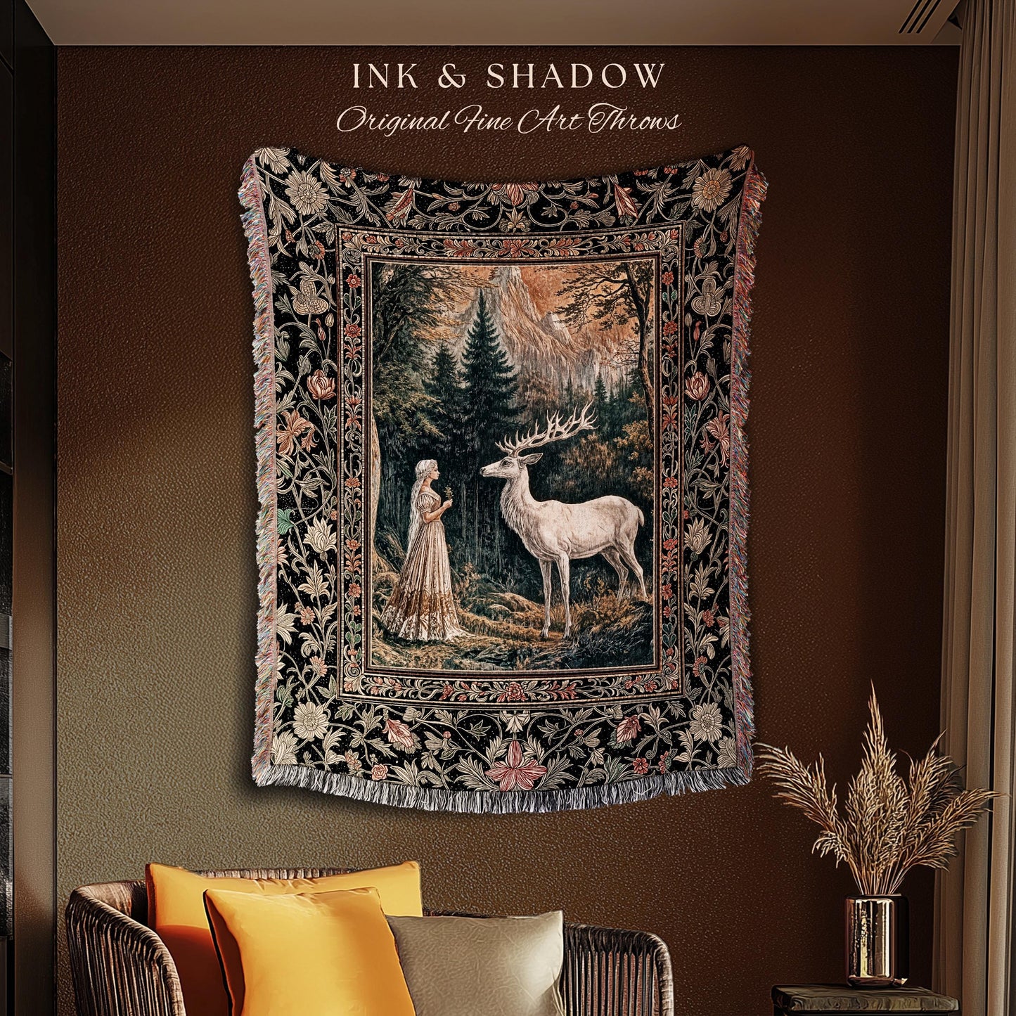 Mythic Landscape Gothic Forest Tapestry | Woodland Goddess Mystic Deer Blanket Forest Nymph Fairycore Woven Throw Magical Botanical Scene |