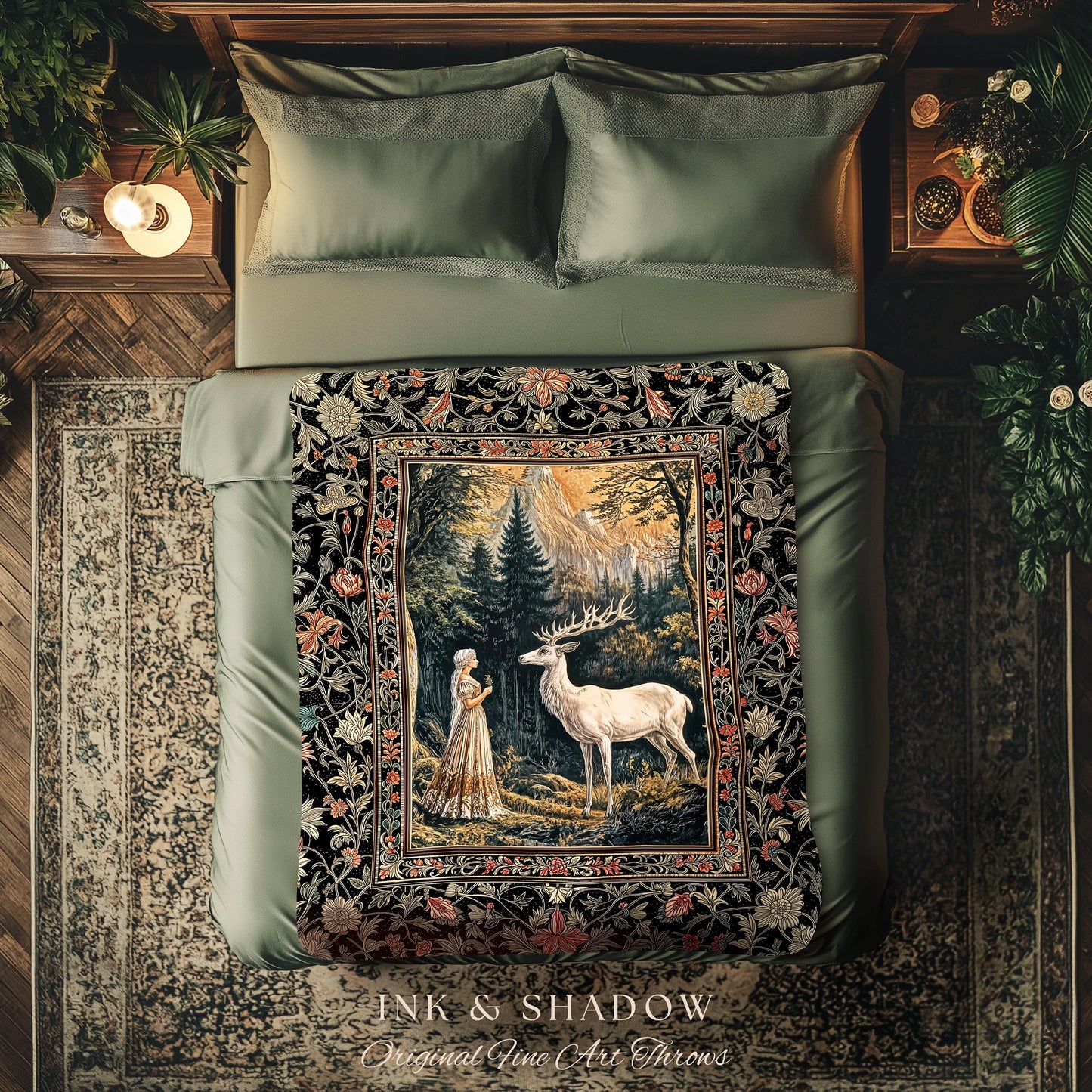 Mythic Landscape Gothic Forest Tapestry | Woodland Goddess Mystic Deer Blanket Forest Nymph Fairycore Woven Throw Magical Botanical Scene |