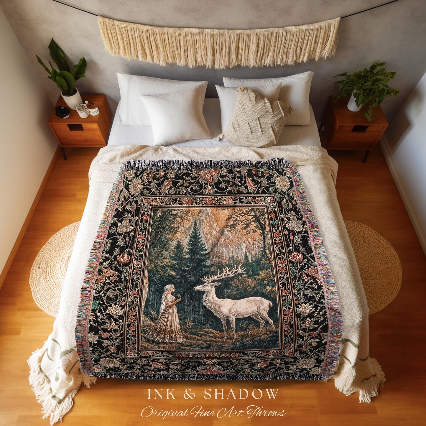 Mythic Landscape Gothic Forest Tapestry | Woodland Goddess Mystic Deer Blanket Forest Nymph Fairycore Woven Throw Magical Botanical Scene |