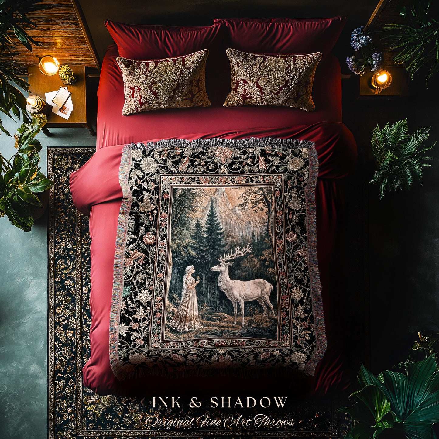 Mythic Landscape Gothic Forest Tapestry | Woodland Goddess Mystic Deer Blanket Forest Nymph Fairycore Woven Throw Magical Botanical Scene |
