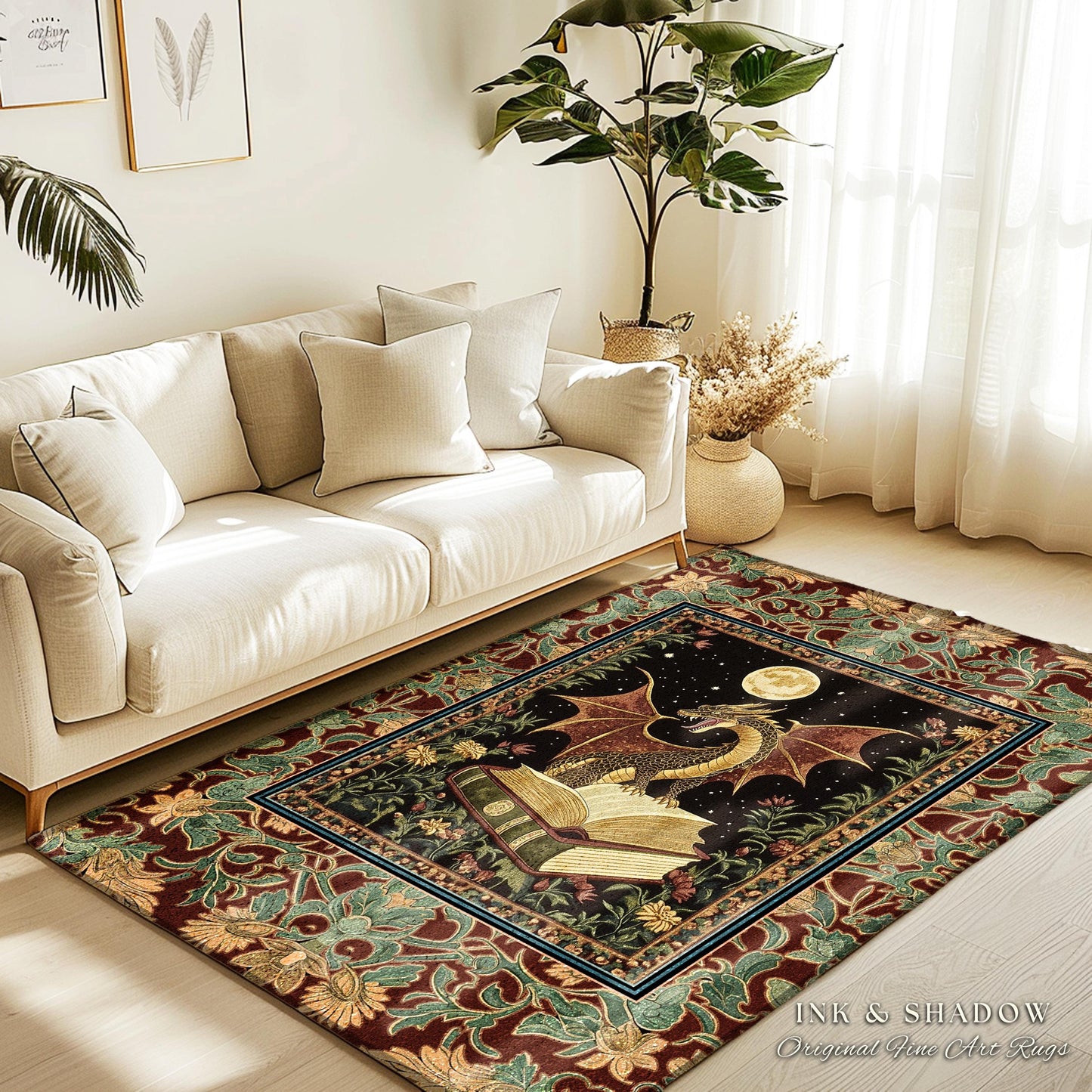 Witchy Spell Book Dragon Area Rug | Mysticism Aesthetic Magical Bedroom Reading Aesthetic Dark Rug for Book Nook Whimsigothic Medieval Goth