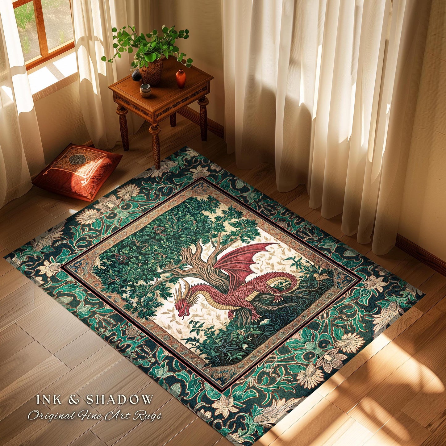 Knight Aesthetic Dragon Accent Rug | Woodland Whimsical Storybook Fairytale Area Rug Botanical Victorian Middle Ages Enchanted Home Decor |