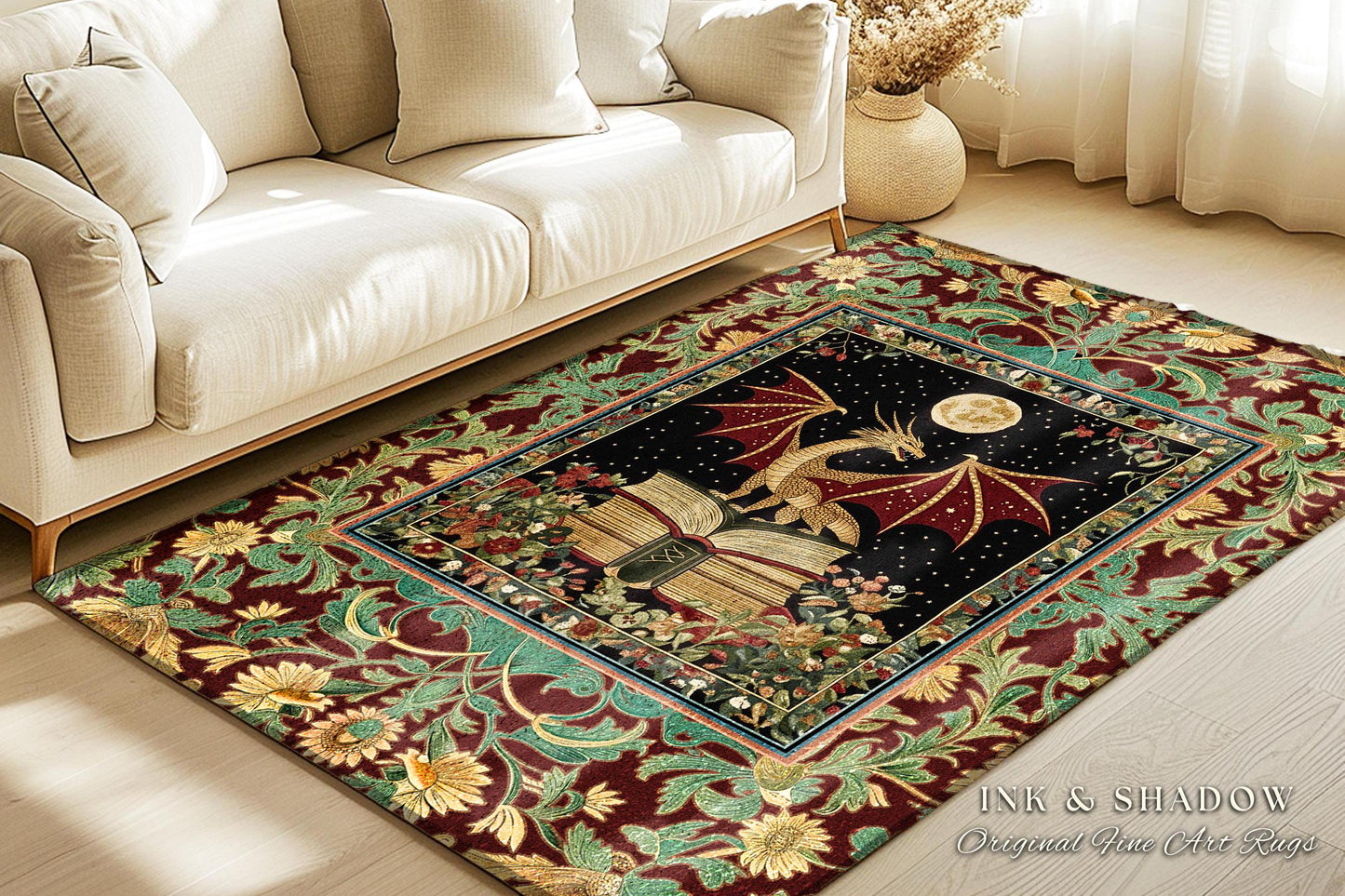 Goblincore Book Nook Accent Rug | Medieval Maximalist Dragon Lover Area Rug Dark Academia Reading Corner Ethereal Bedroom Whimsigothic Art