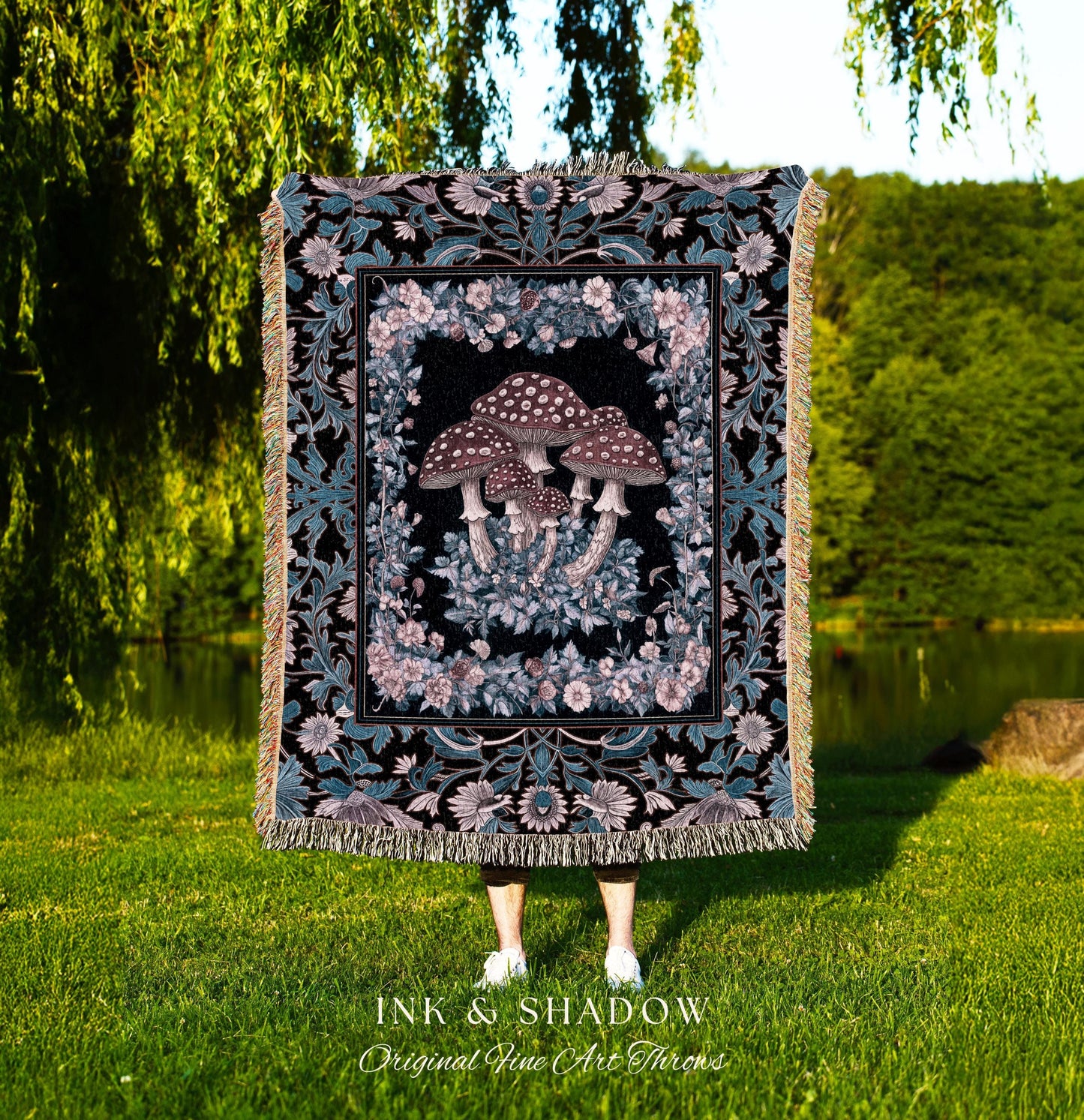 Foraging Fungi Mushroom Throw | Whimsical Eclectic Woven Blanket for Fairy Aesthetic Bedroom Whimsigoth Decor Fairycore Toadstool Witchy |