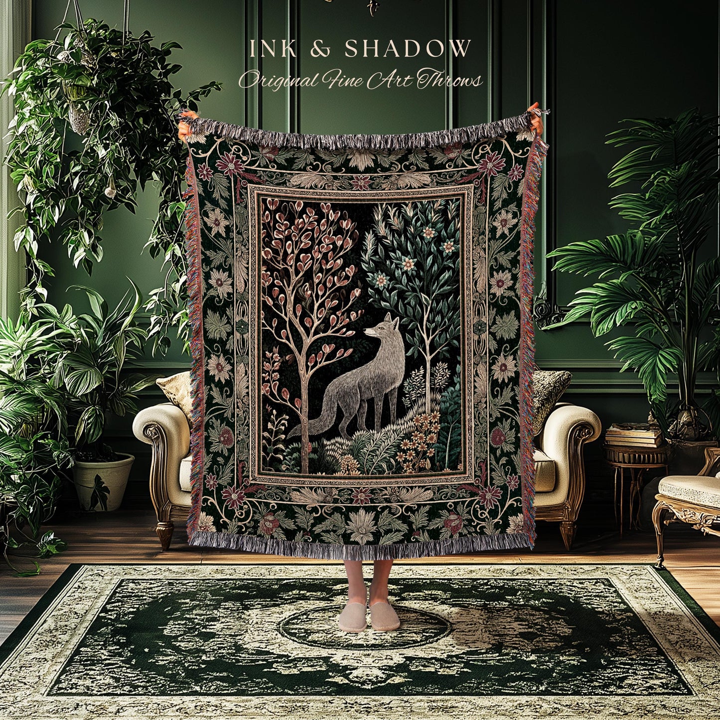 Danish Folk Art Forest Woodland Throw | Cozy Interiors Bohemian Elegance Scandinavian Aesthetic Bohemian Woven Tapestry Magical Fairytale |