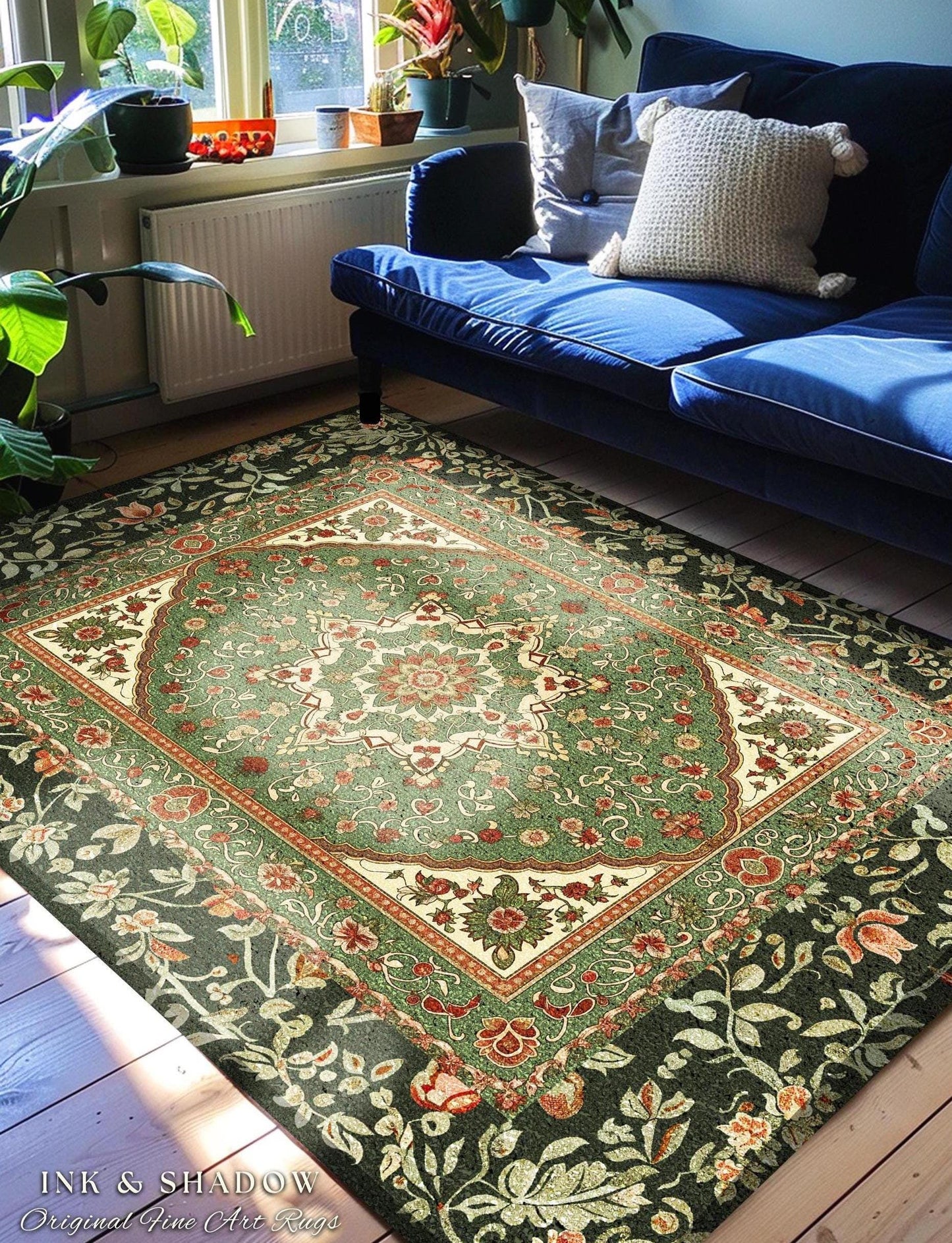 Ornate Floral Medallion Sage Green Round Rug Antique Persian Style Ethereal Botanical Elegance, Vintage Victorian Gothic Cottagecore Unique