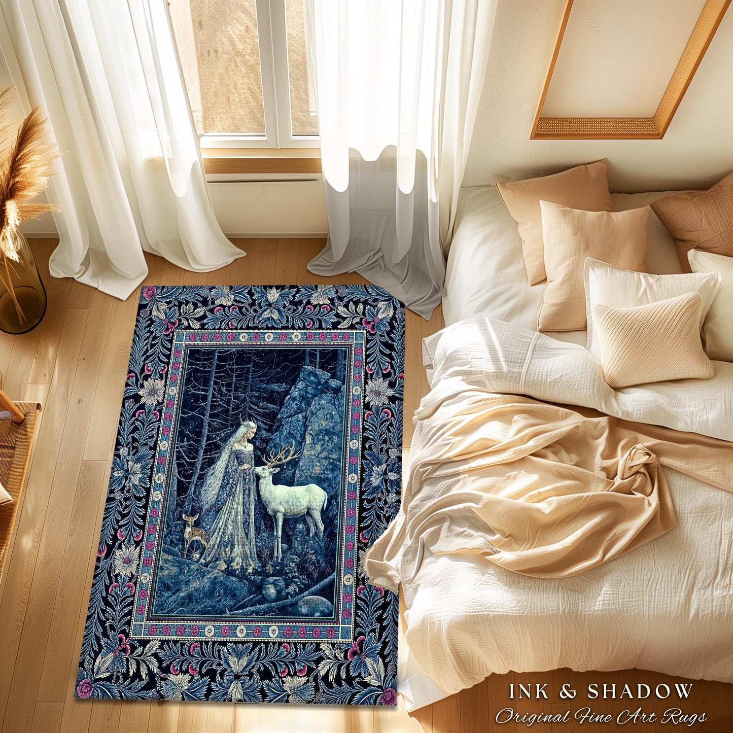 Spirit Animals Ethereal Goddess Rug | Storybook Aesthetic Magical Forest Nymph Fantasy Accent Rug Dark Victorian Woodland Floor Mystic Deer