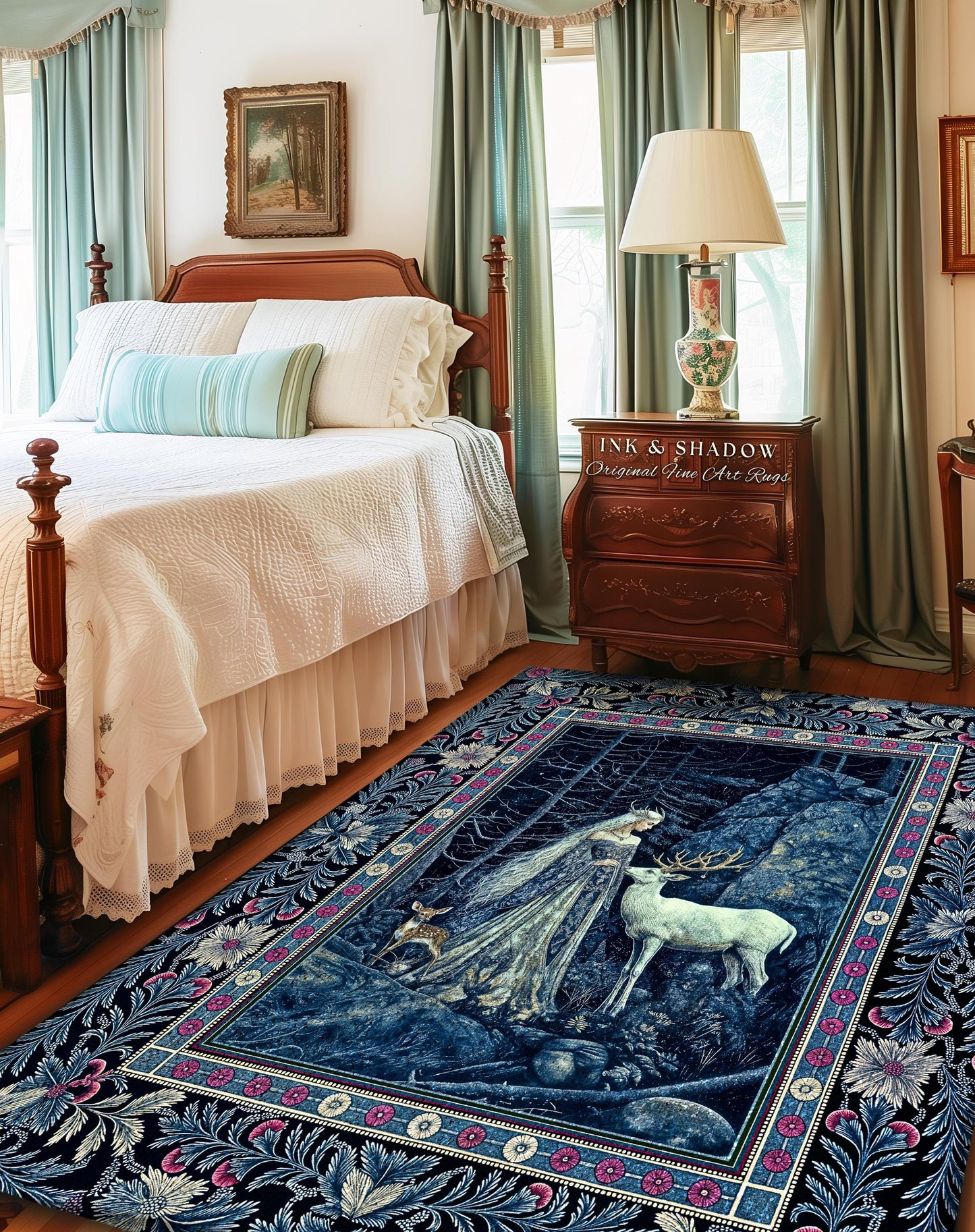 Spirit Animals Ethereal Goddess Rug | Storybook Aesthetic Magical Forest Nymph Fantasy Accent Rug Dark Victorian Woodland Floor Mystic Deer