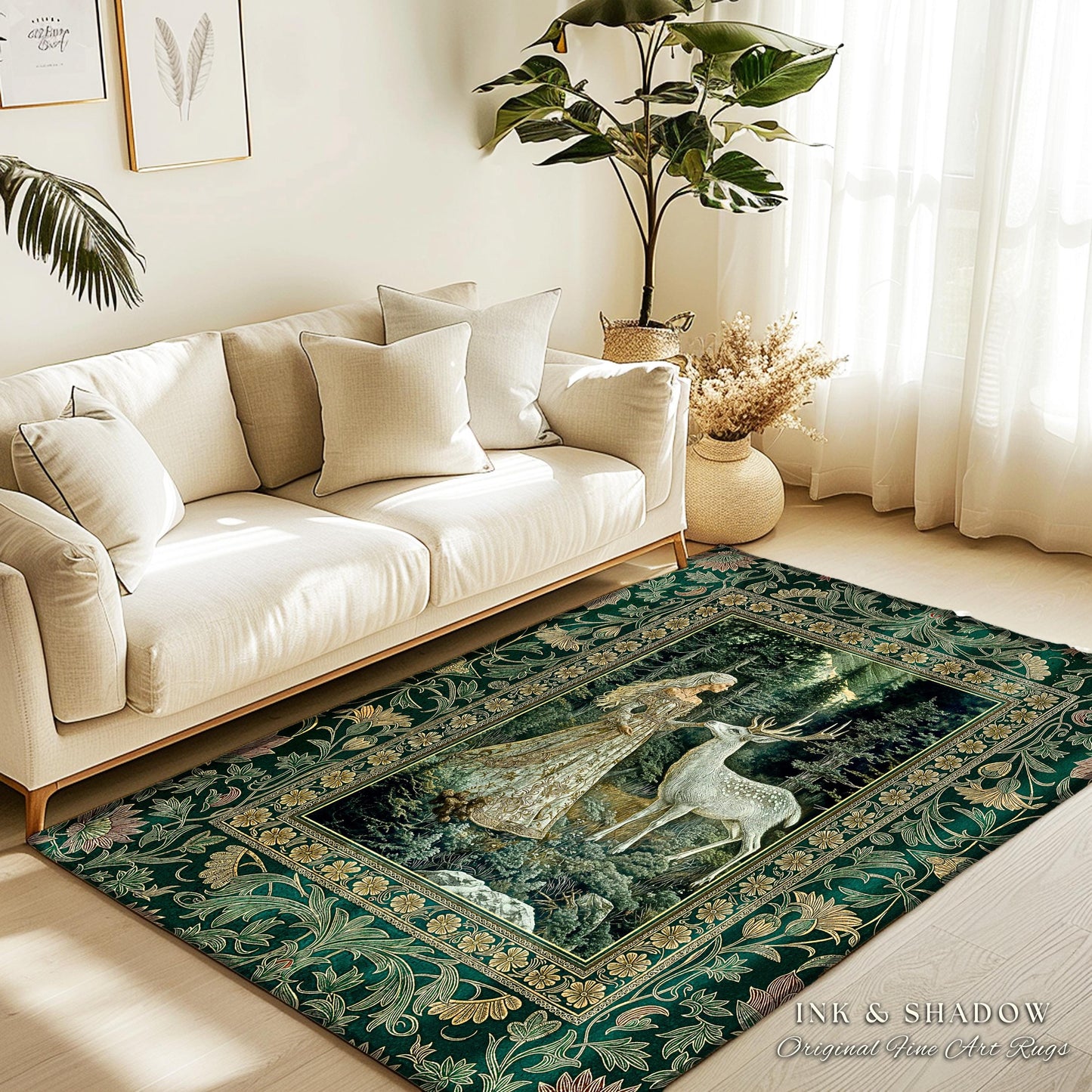 Botanical Folklore Ethereal Area Rug | Forest Elegance Mother Earth Rug Fantasy Decor Dark Green Bedroom Accent Dark Fairycore Romantic Art
