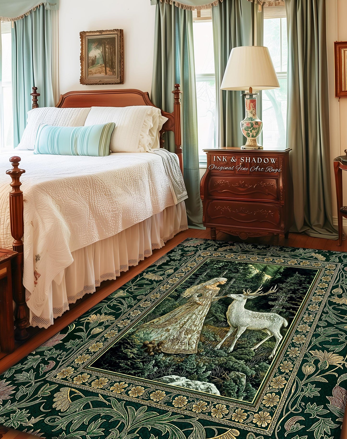 Botanical Folklore Ethereal Area Rug | Forest Elegance Mother Earth Rug Fantasy Decor Dark Green Bedroom Accent Dark Fairycore Romantic Art