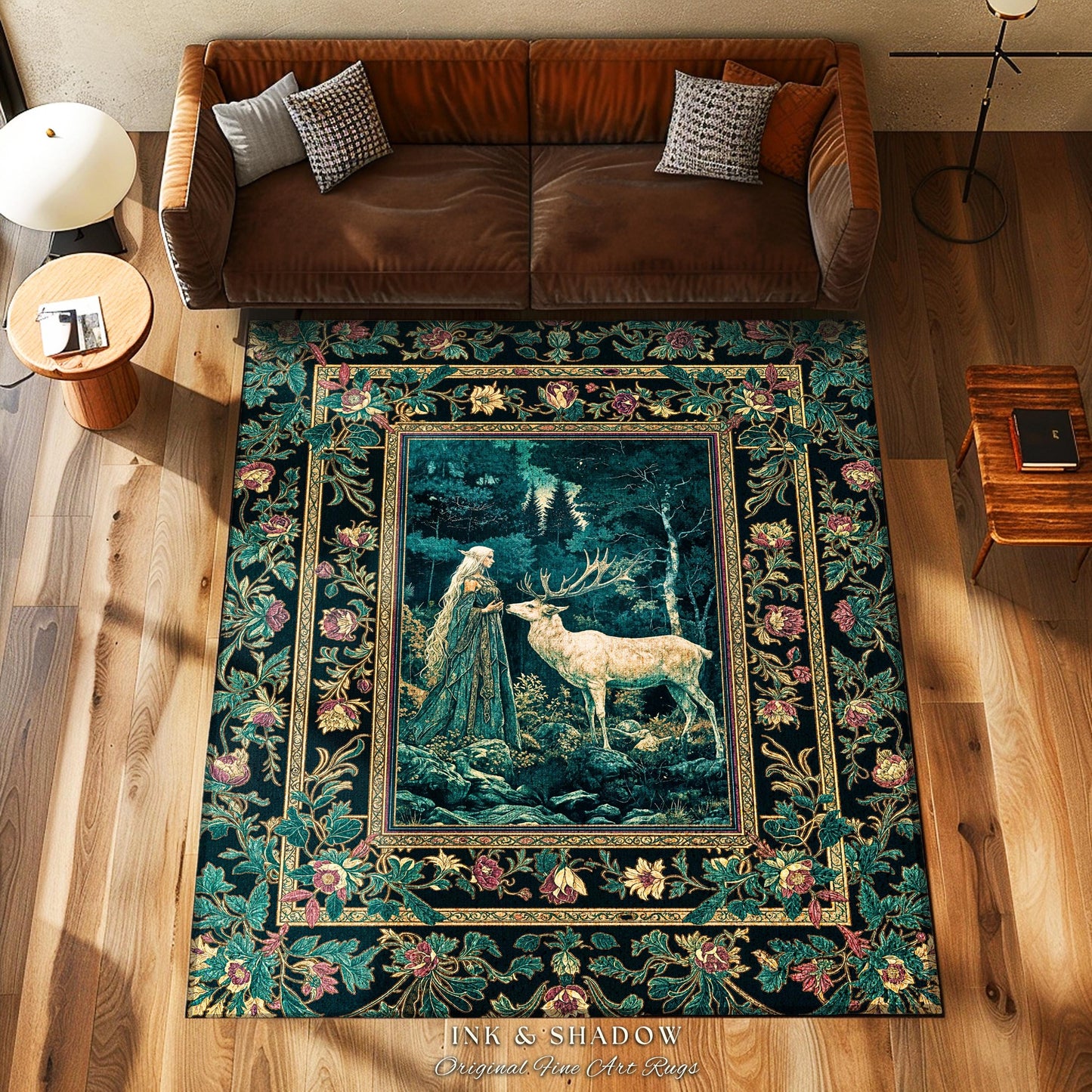 Moody Magic Forest Spirits Accent Rug | Dark Nature Renaissance Botanical Cottagecore Medieval Folklore Inspired Fantasy Deer Area Rug |