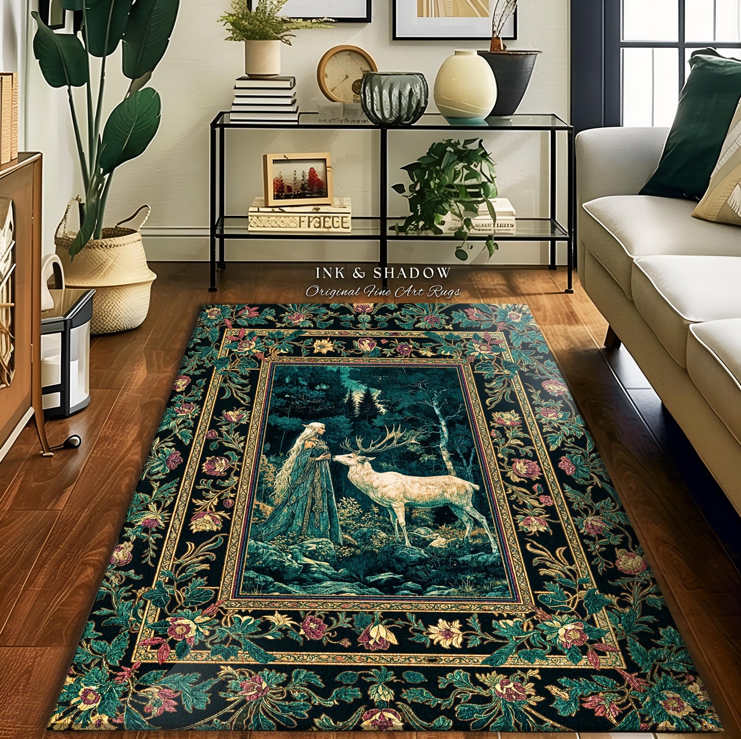 Moody Magic Forest Spirits Accent Rug | Dark Nature Renaissance Botanical Cottagecore Medieval Folklore Inspired Fantasy Deer Area Rug |