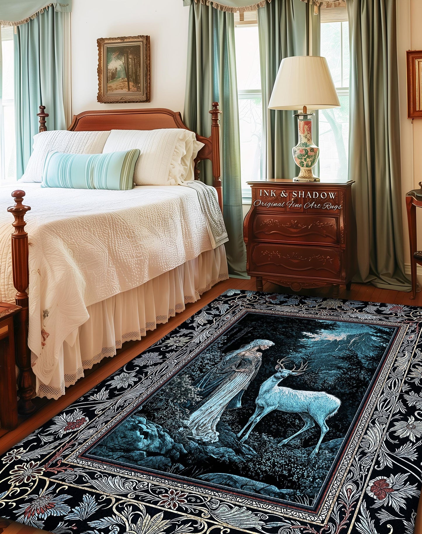 Dreamy Aesthetic Folklore Area Rug | Moody Landscape Dreamy Woodland Gothic Nature Spirit Botanical Area Rug Botanical Fantasy Moody Artwork