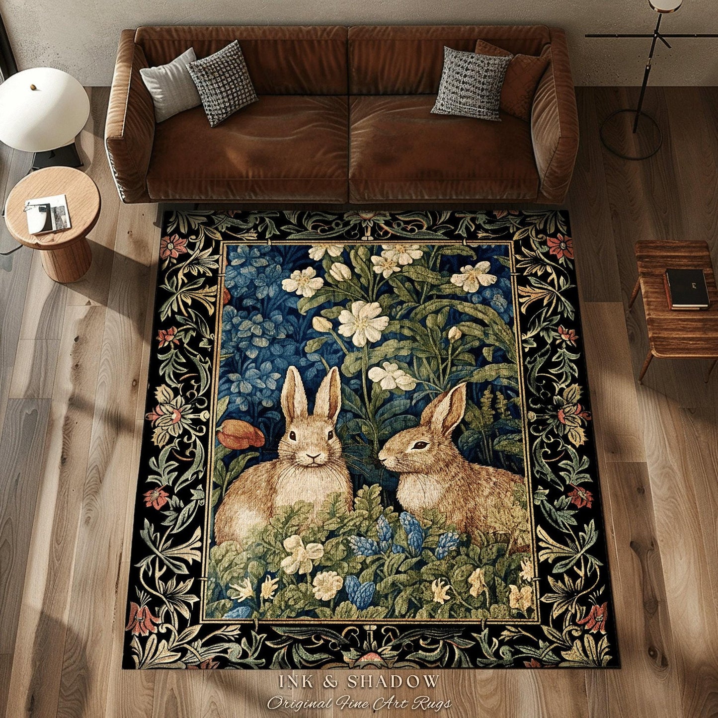 Woodland Fairycore Floral Round Rabbits Rug Morris Inspired Forest Fairycore | Botanical Bunny Victorian Cottagecore Bunnies Spring Art Rug