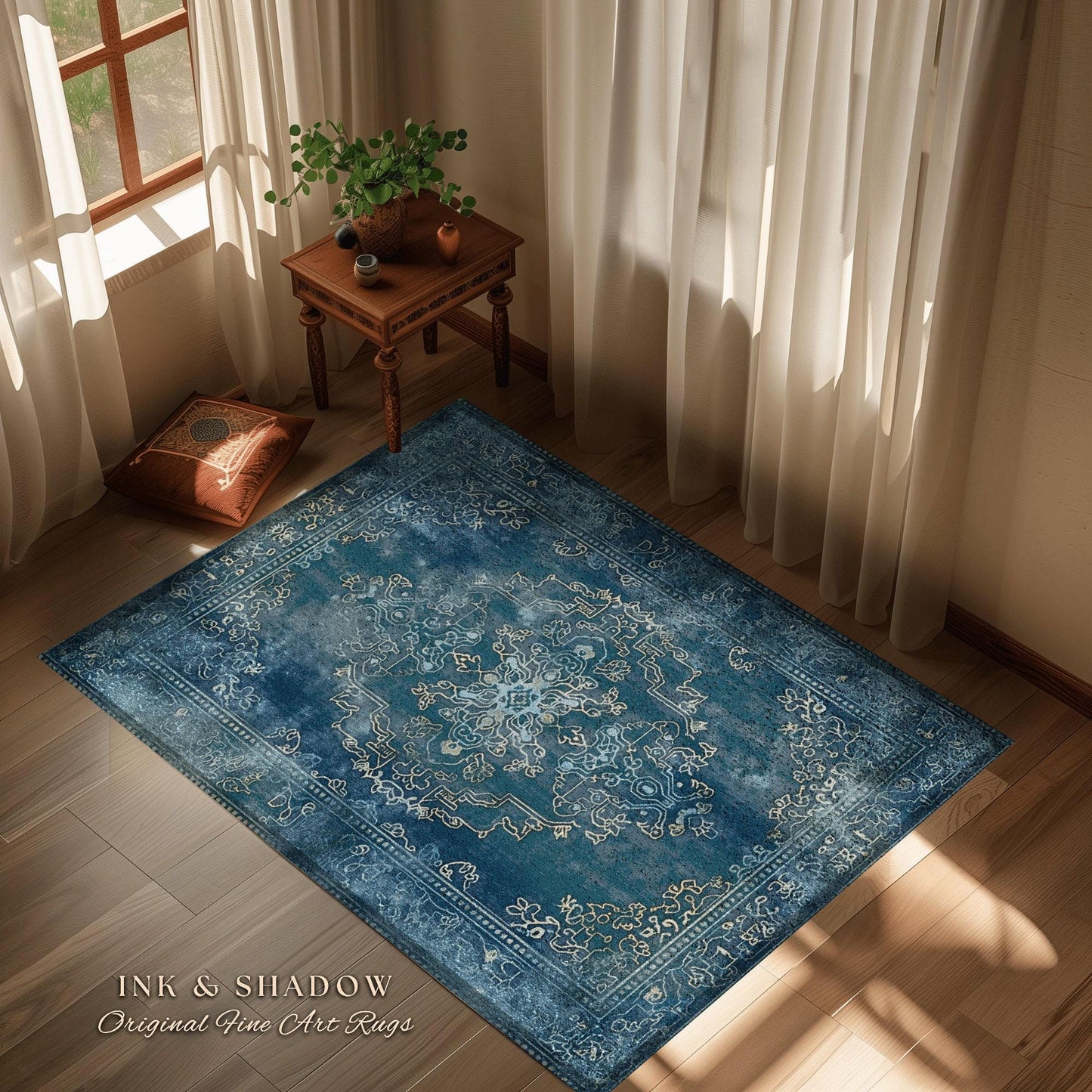 Royal Blue Living Room Rug | Living Room Indigo Home Decor Rustic Aesthetic Dark Cottagecore Bedroom Boho Floor Mat for Dining Room Boho