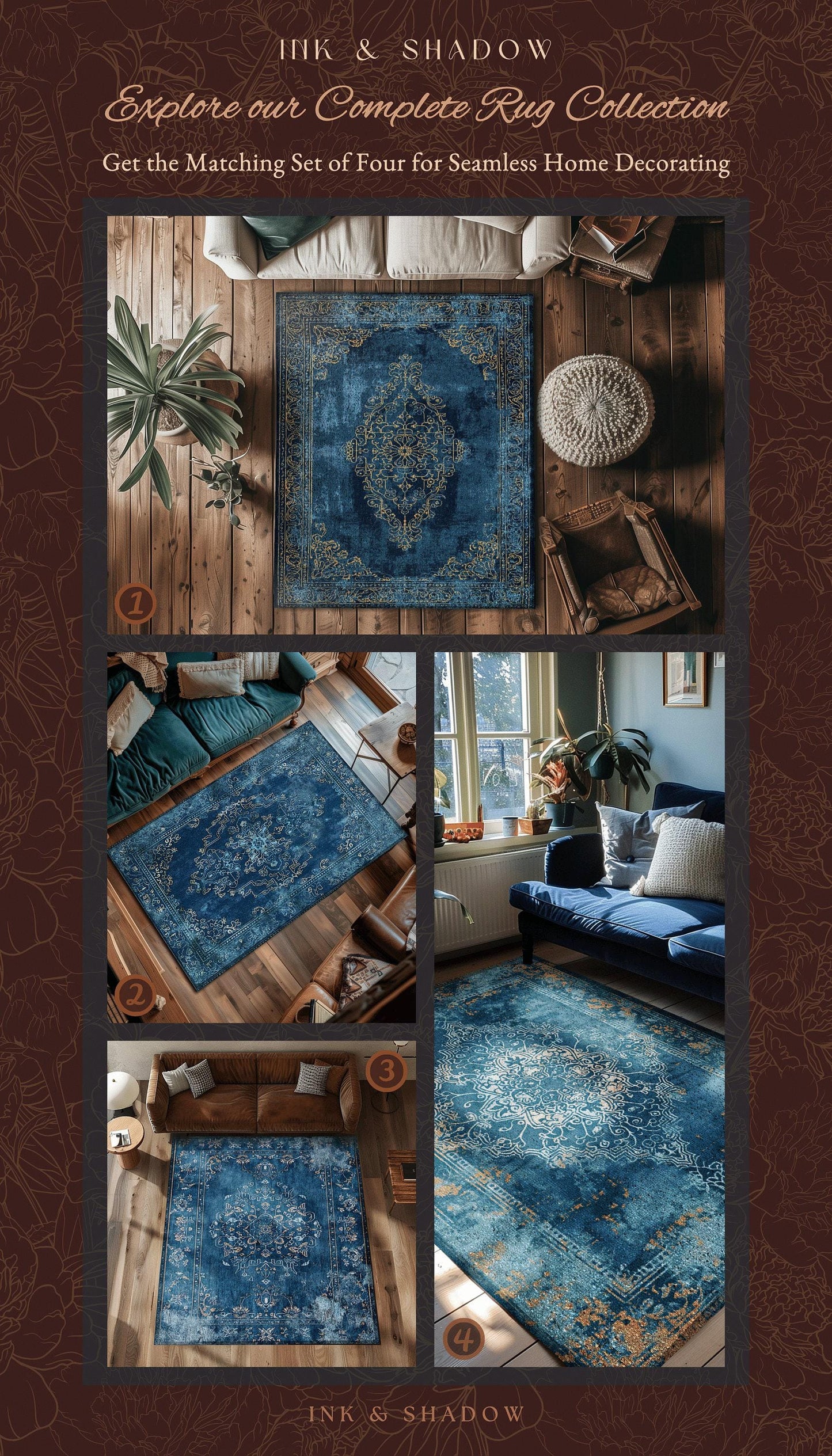 Royal Blue Living Room Rug | Living Room Indigo Home Decor Rustic Aesthetic Dark Cottagecore Bedroom Boho Floor Mat for Dining Room Boho
