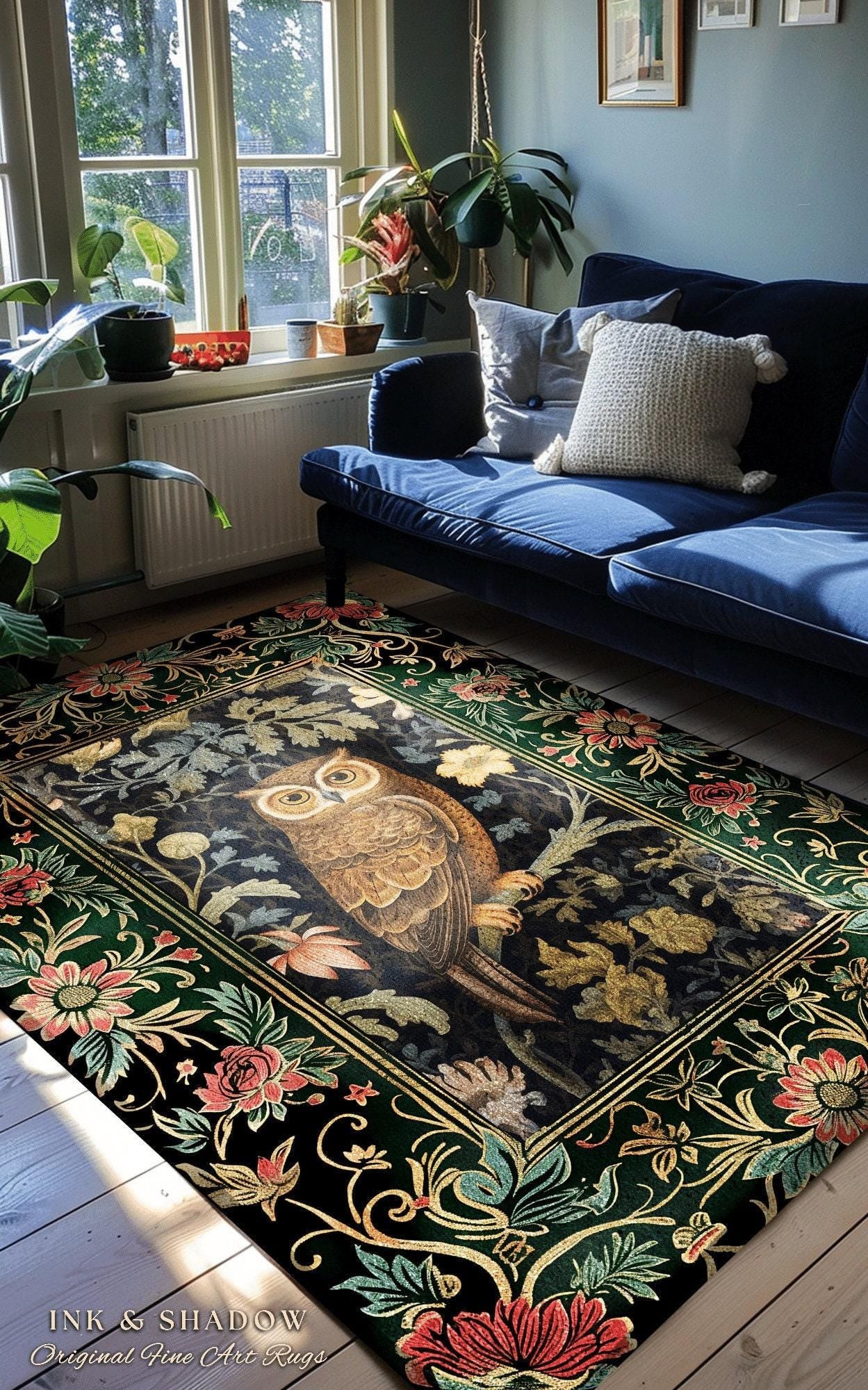 Woodland Floral Round Owl Rug Morris Inspired Forest Aesthetic | Fairycore Boho Bedroom Botanical Forestcore Art Whimsical Book Nook Owl Rug