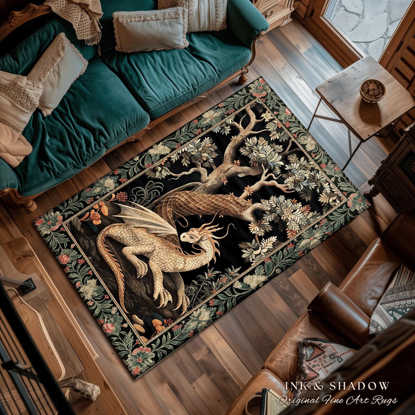 Dark Medieval Dragon Aesthetic Round Area Rug | Folklore Room Decor Fairytale Inspired DnD Gift Dark Cottagecore Fairycore Game Room Decor
