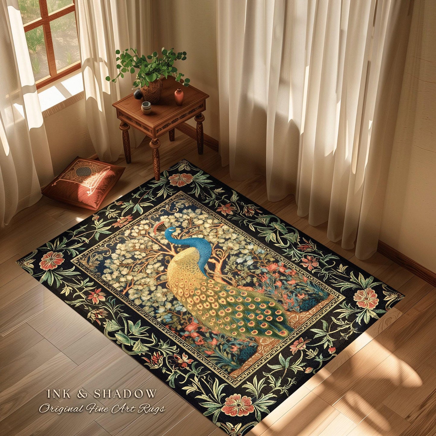 Baroque Floral Forestcore Ornate Round Peacock Rug | Medieval Gothic Woodland Morris Inspired Whimsical Witchy Cottagecore Ethereal Bird Art