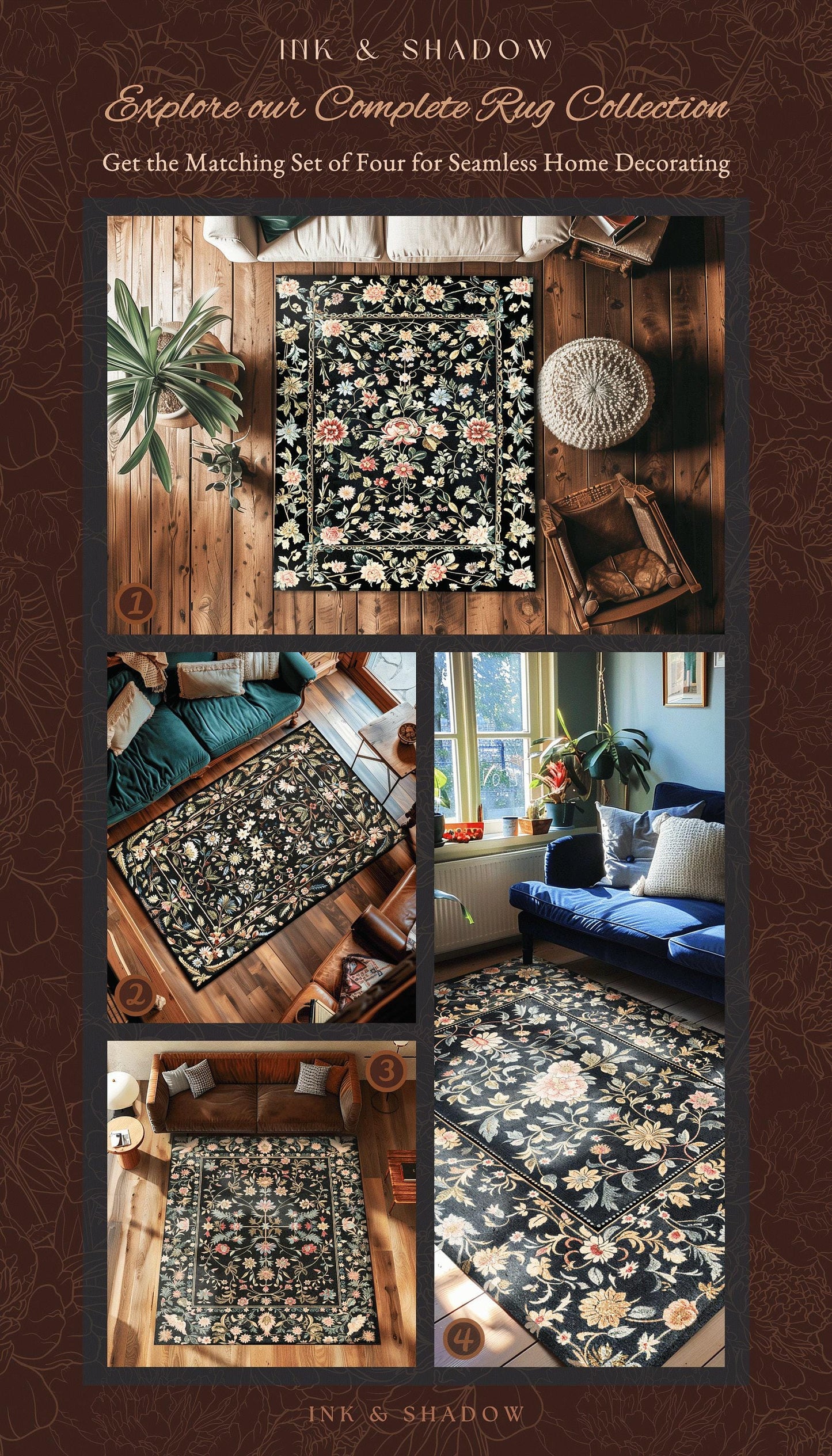 Ornate Baroque Pastel Florals Rug | Rococo Inspired Romantic Decor Vintage Botanical Aesthetic Cottagecore Bedroom Whimsical Elegant Accent